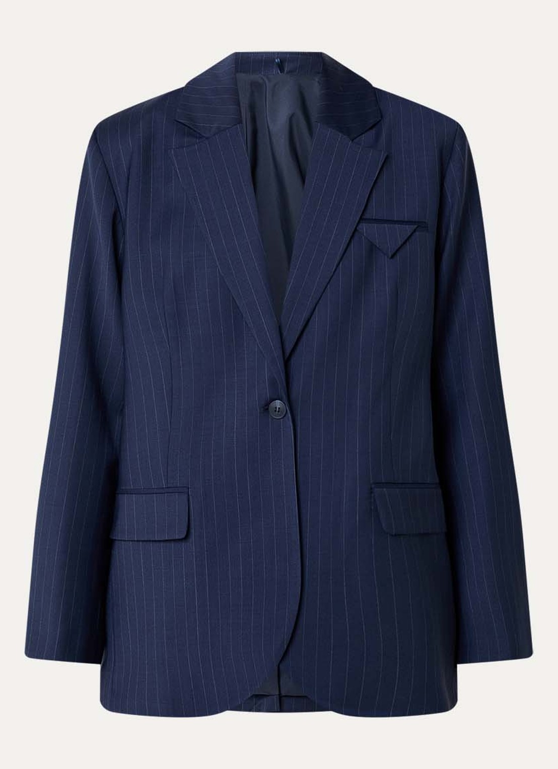 Selected Sanne blazer in wolblend met schoudervulling en streepprint - voorkant 2 donkerblauw