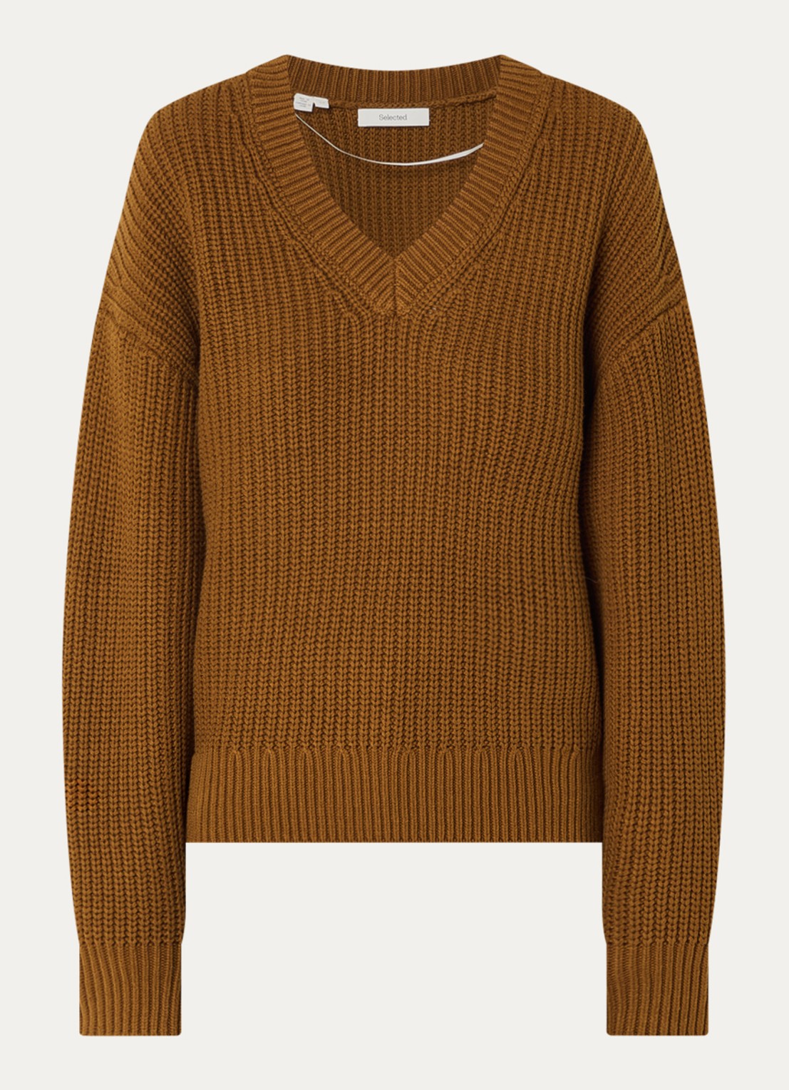 Selected Selma grofgebreide trui met V-hals - voorkant cognac