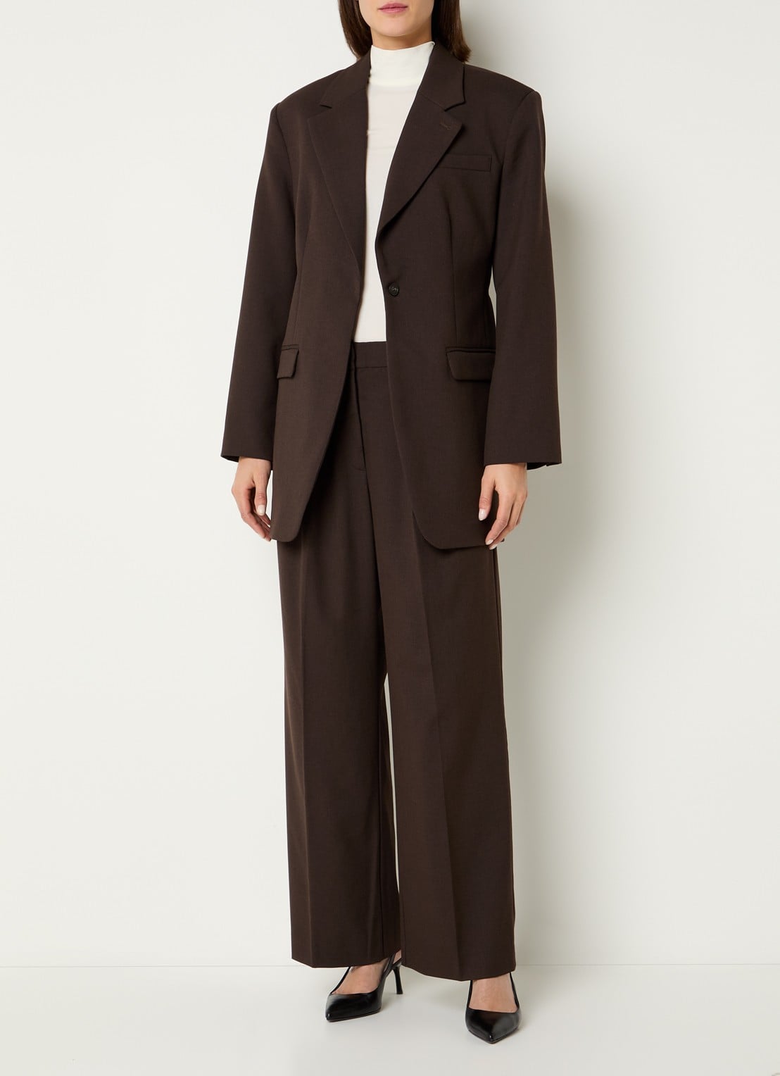 Selected Sienna high waist loose fit pantalon in wolblend - voorkant 2 bruin
