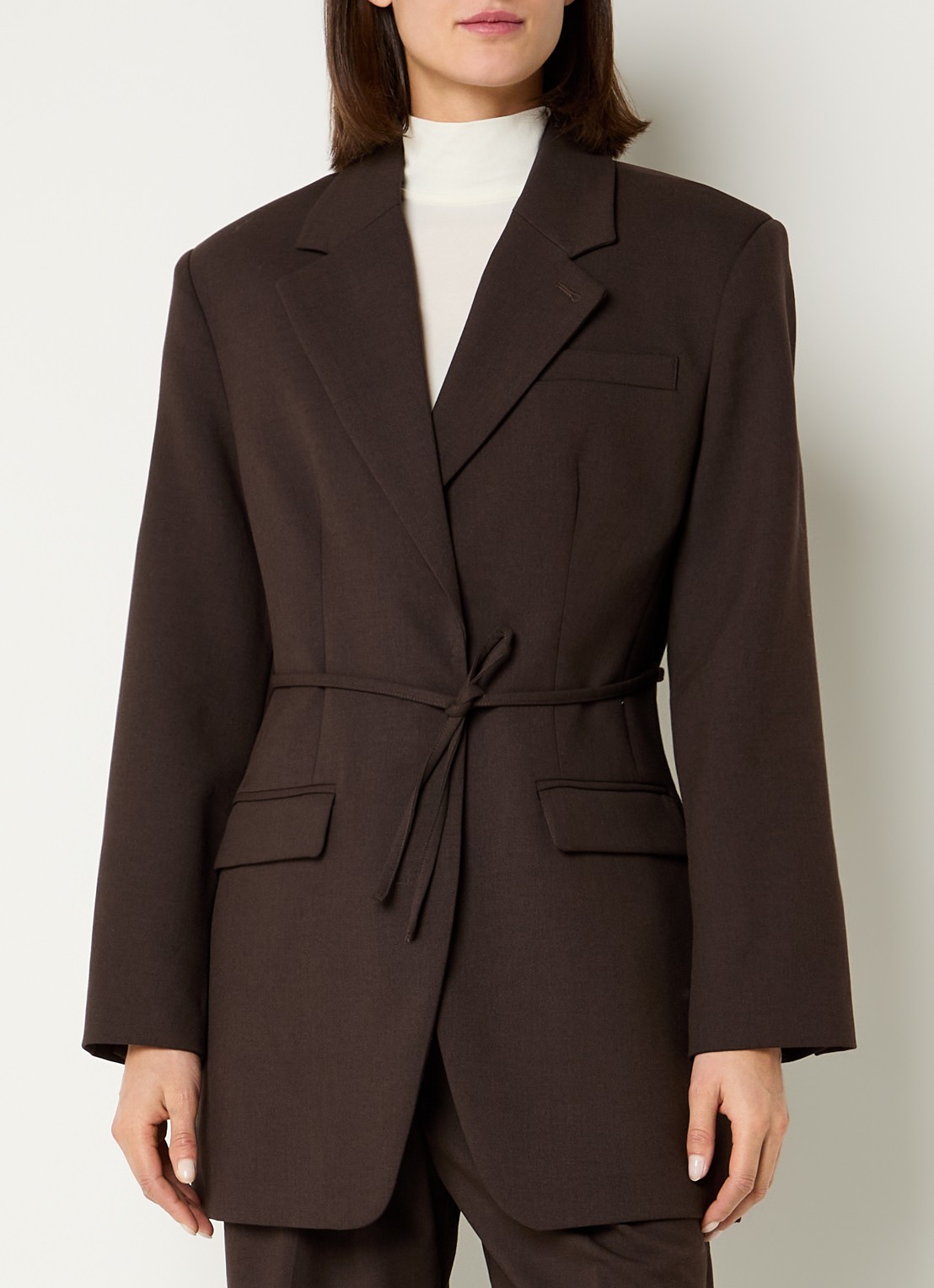 Selected Sienna oversized blazer in wolblend met strikceintuur - detail 4 bruin