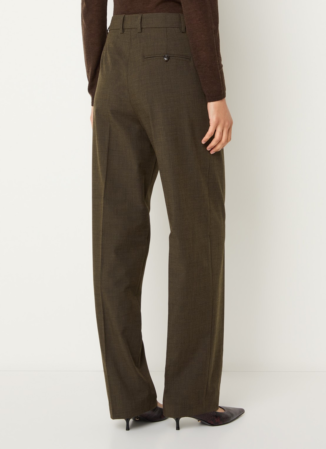 Selected Signe high waist straight fit pantalon met ruitdessin en paspelzakken - achterkant chocoladebruin