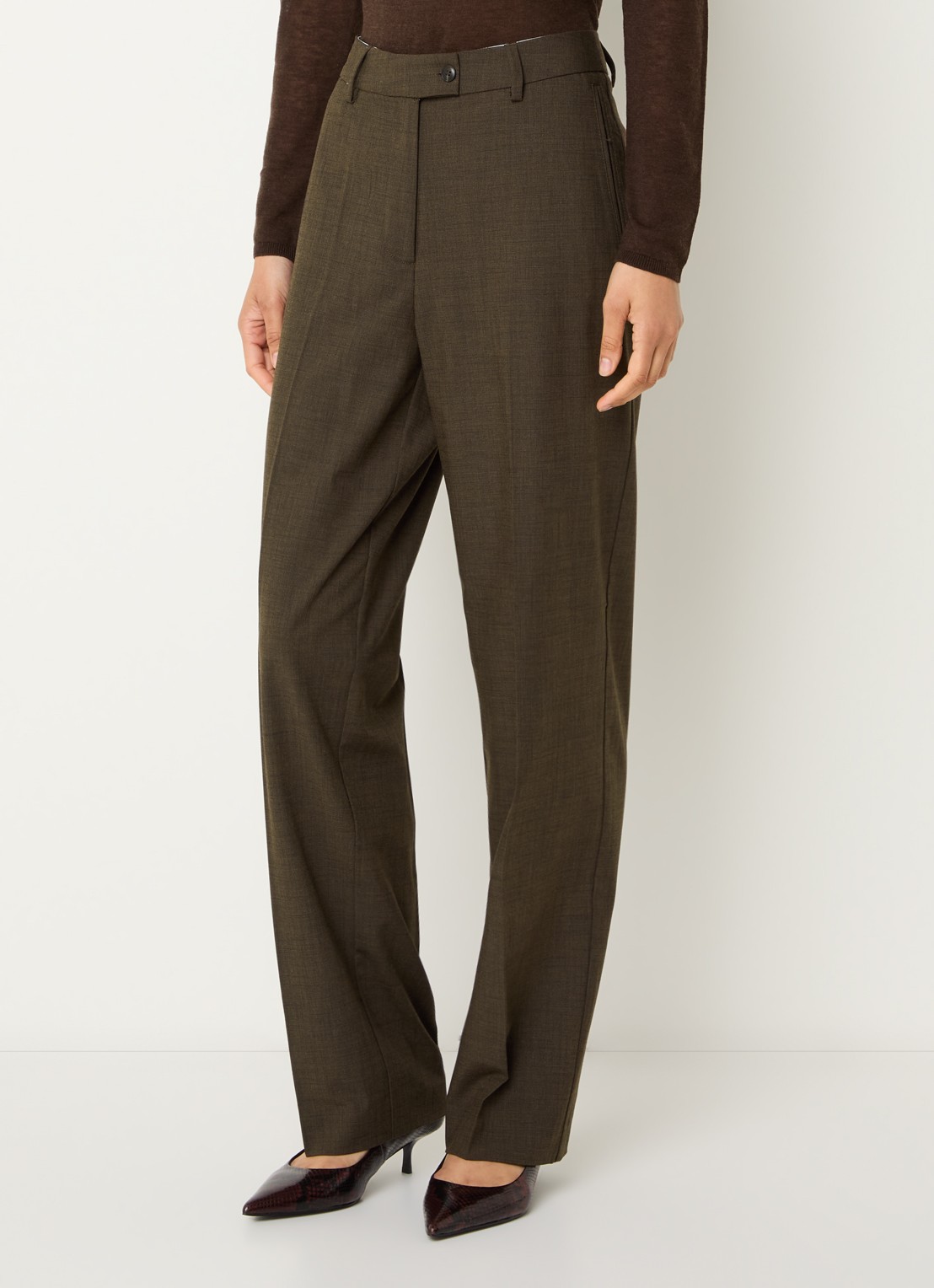 Selected Signe high waist straight fit pantalon met ruitdessin en paspelzakken - detail 4 chocoladebruin