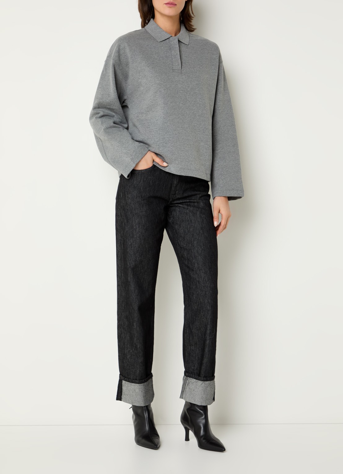 Selected Slfari Gia sweater met polokraag - voorkant 4 middengrijs