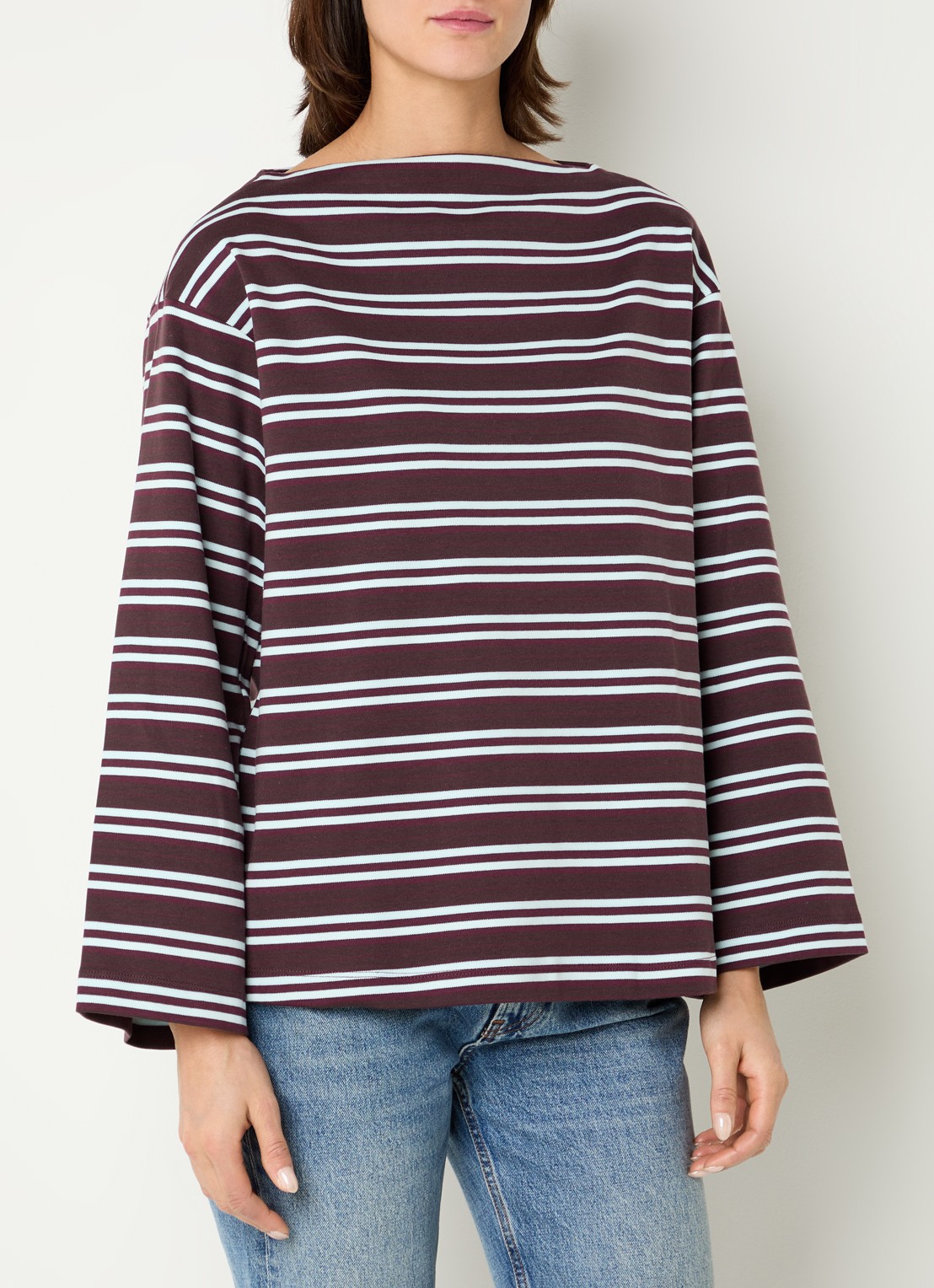 Selected Slfpolly sweater met streepprint en boothals - detail bordeauxrood