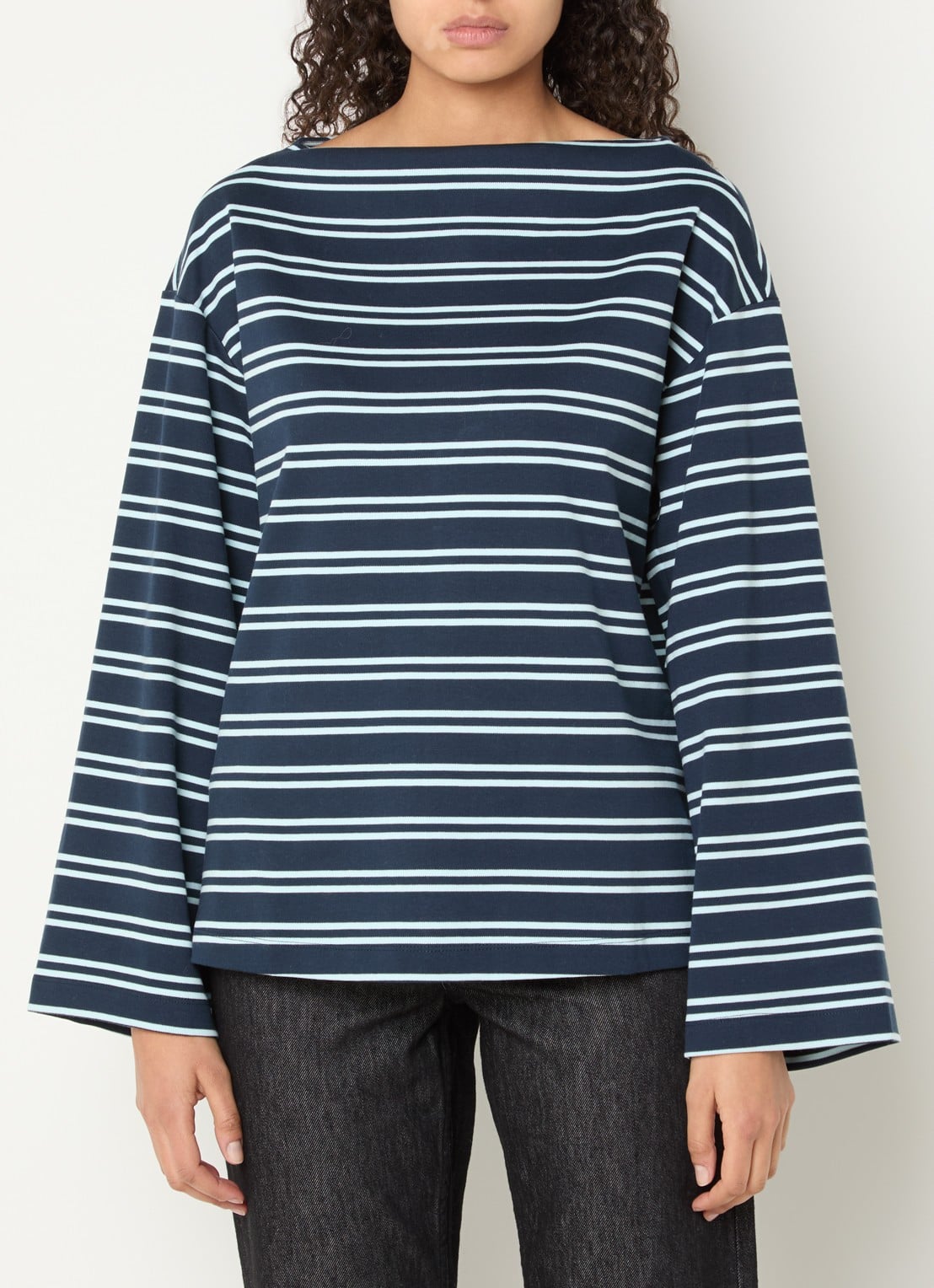 Selected Slfpolly sweater met streepprint en boothals - detail donkerblauw