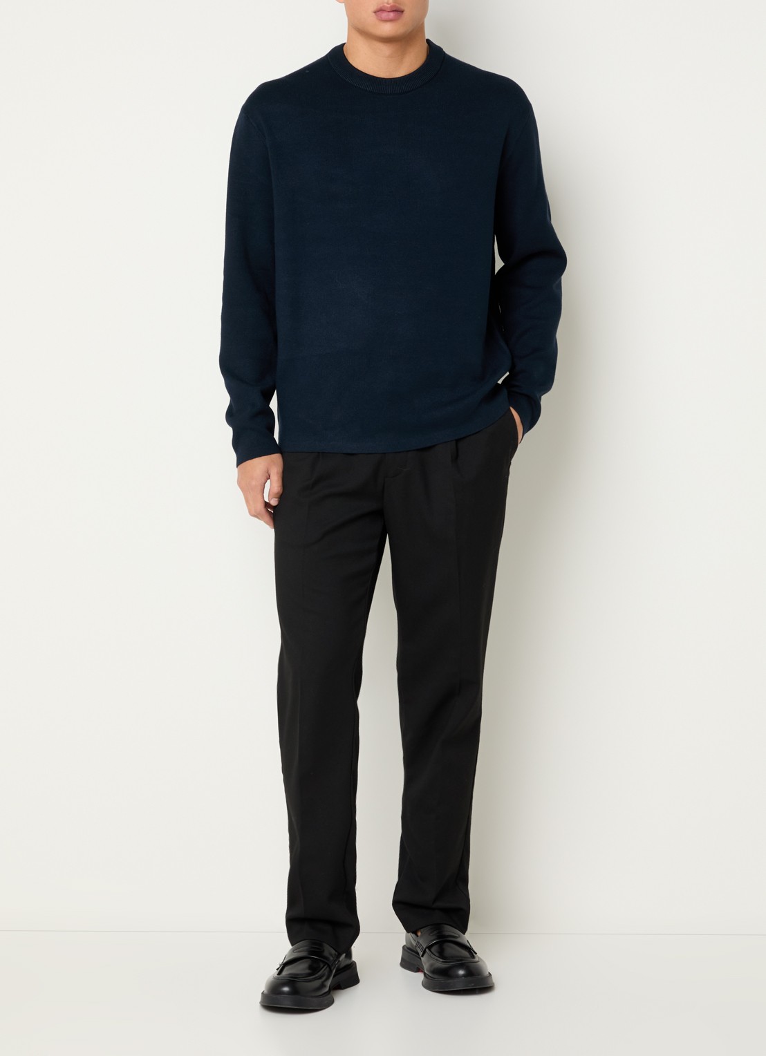Selected Teller fijngebreide pullover met ronde hals - voorkant 3 donkerblauw
