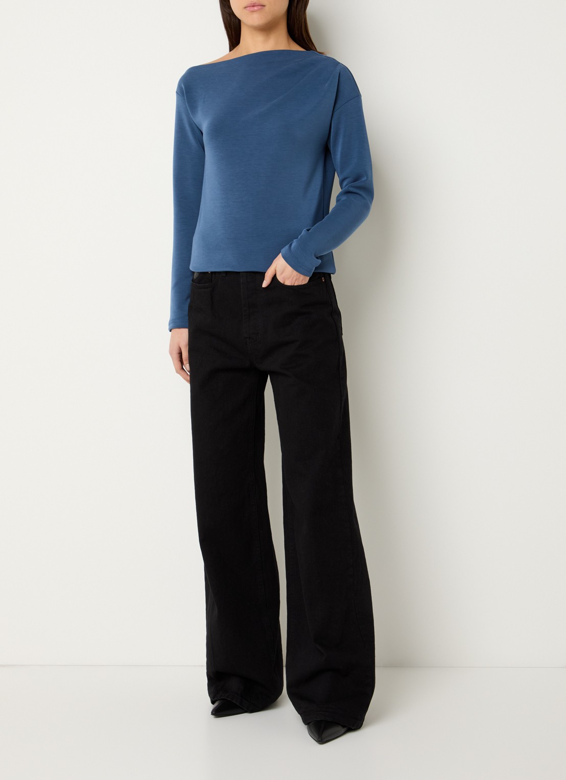 Selected Tenny off shoulder top met asymmetrische hals - voorkant 3 staalblauw