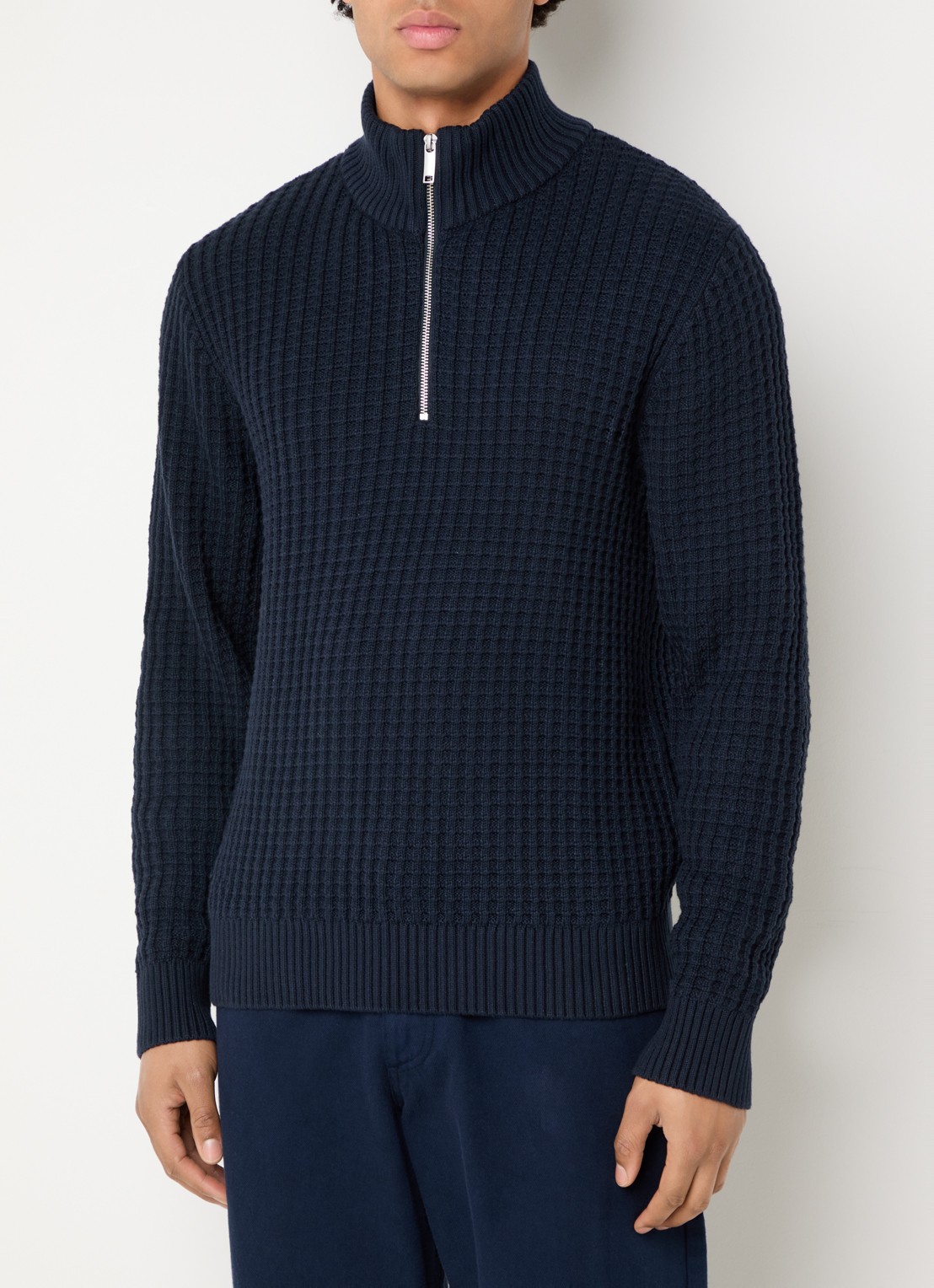 Selected Tom fijngebreide trui met halve rits - detail 4 donkerblauw