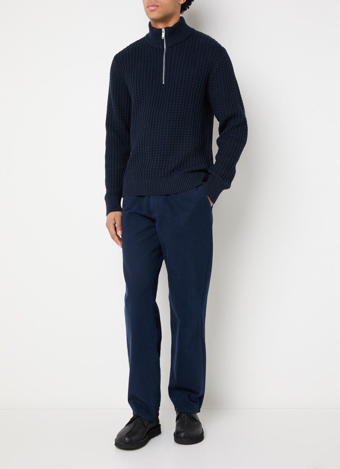 Selected Tom fijngebreide trui met halve rits - voorkant 3 donkerblauw