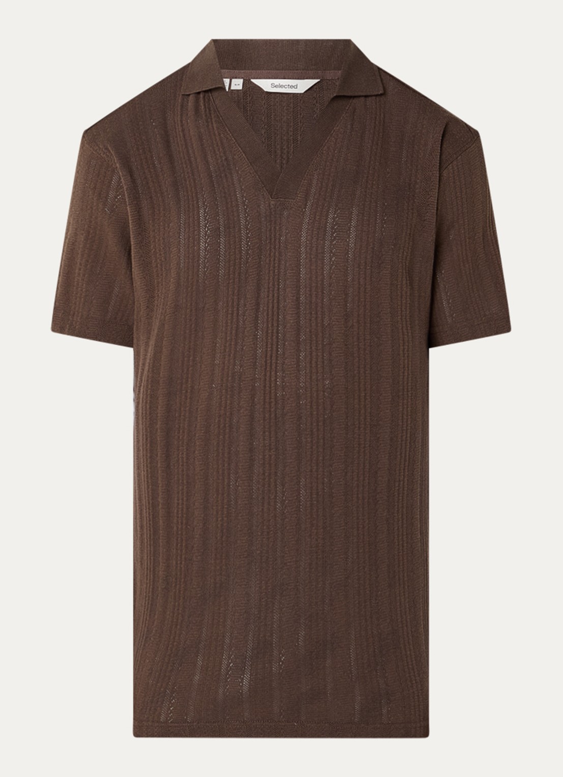Selected Travis fijngebreide regular fit polo - voorkant 3 donkerbruin