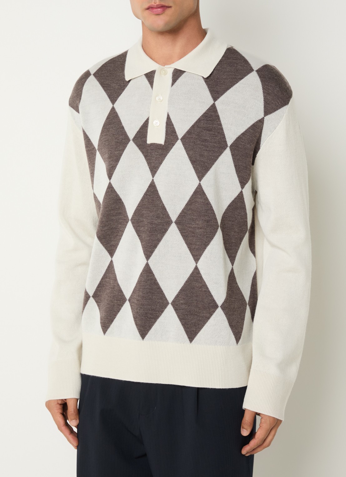 Selected Tray fijngebreide polo van merino wol - detail gebroken wit