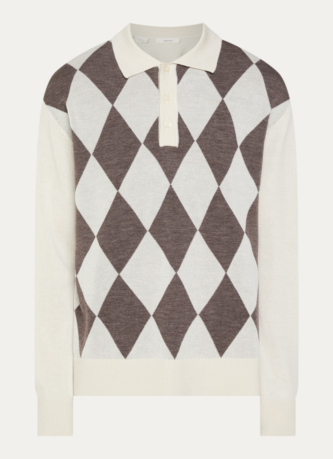 Selected Tray fijngebreide polo van merino wol - voorkant 3 gebroken wit