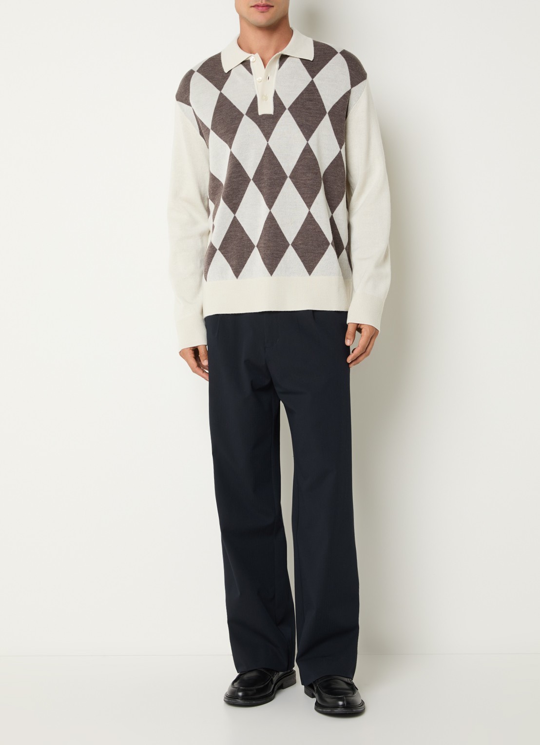 Selected Tray fijngebreide polo van merino wol - voorkant 4 gebroken wit