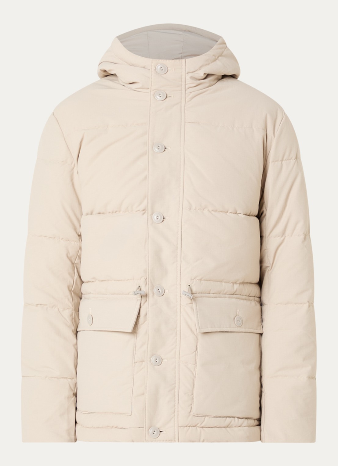 Selected Vincent puffer jack met trekkoord en klepzakken - voorkant 3 beige