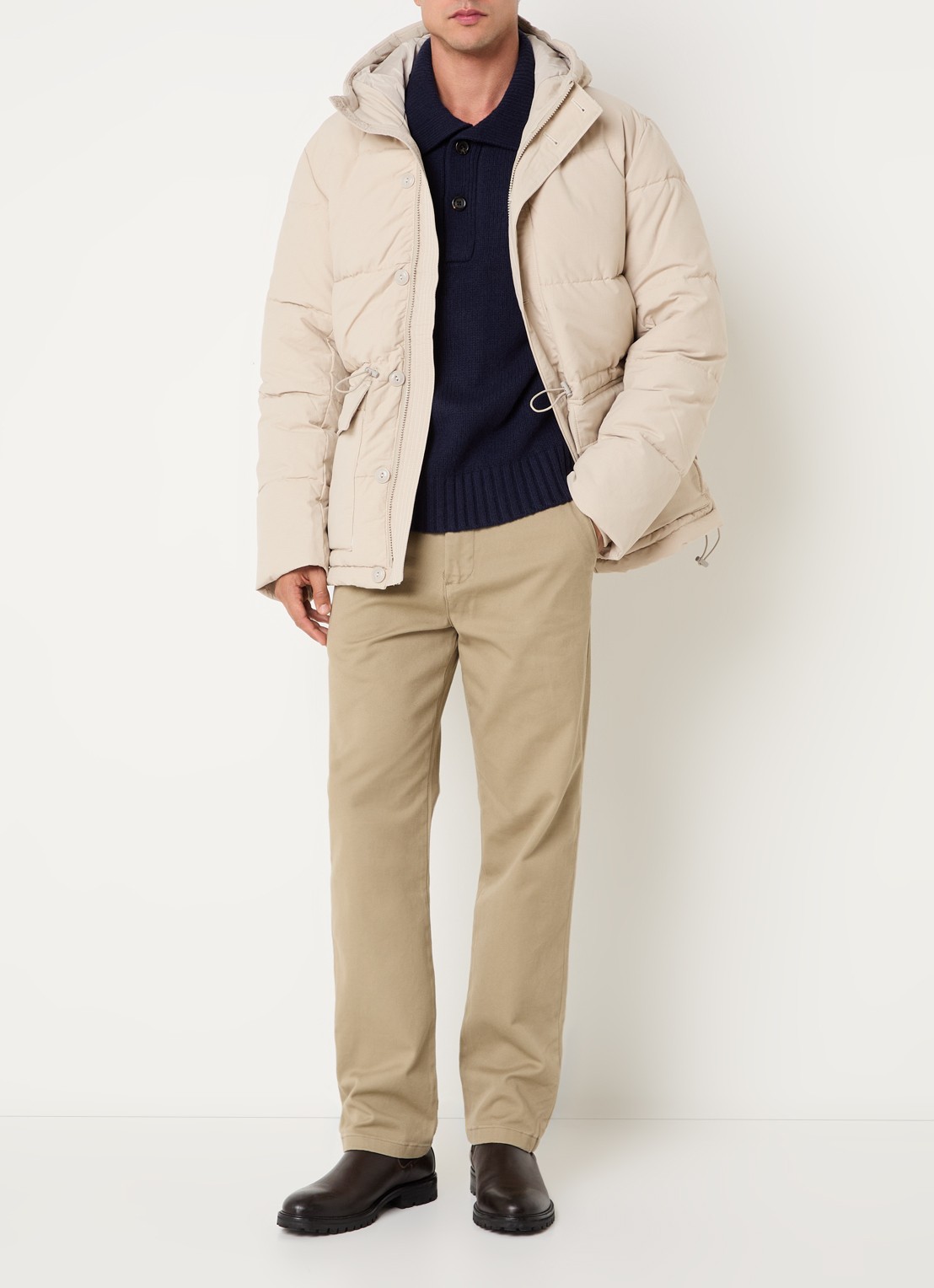 Selected Vincent puffer jack met trekkoord en klepzakken - voorkant 4 beige
