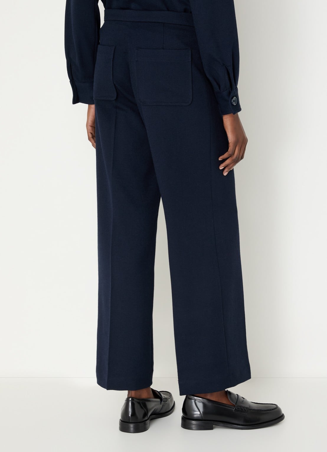 Sessùn Alberwool high waist straight fit cropped broek met opgestikte zakken - achterkant donkerblauw