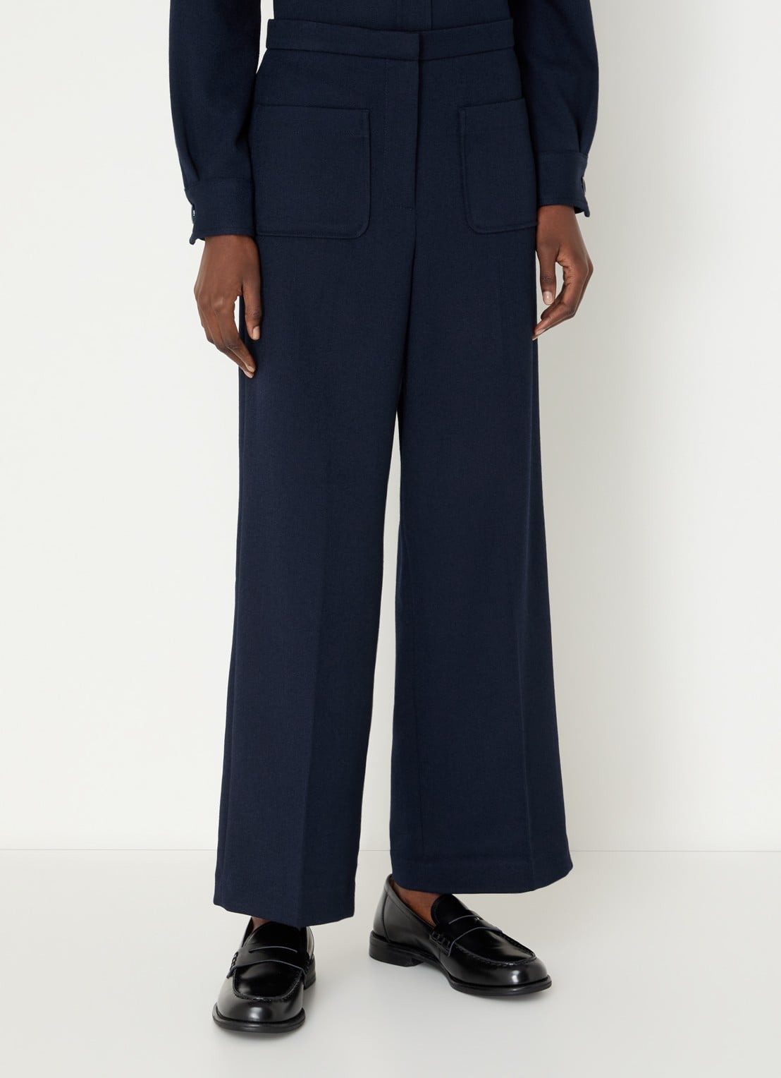 Sessùn Alberwool high waist straight fit cropped broek met opgestikte zakken - detail 4 donkerblauw
