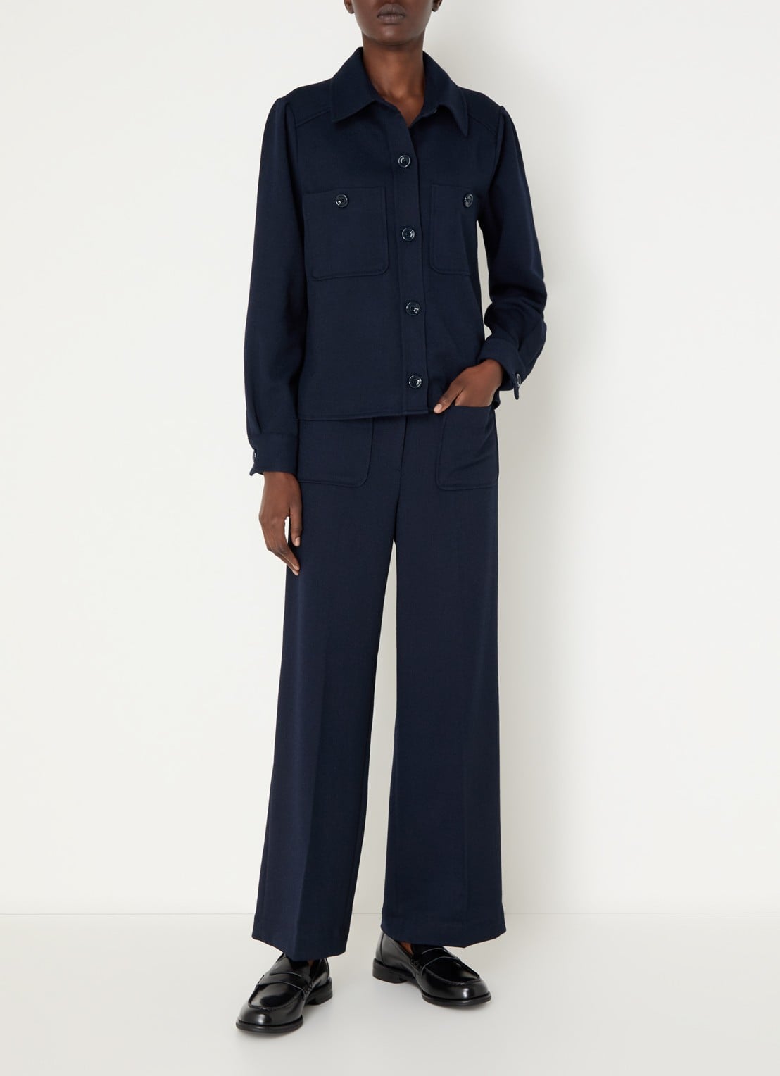 Sessùn Alberwool high waist straight fit cropped broek met opgestikte zakken - voorkant 3 donkerblauw