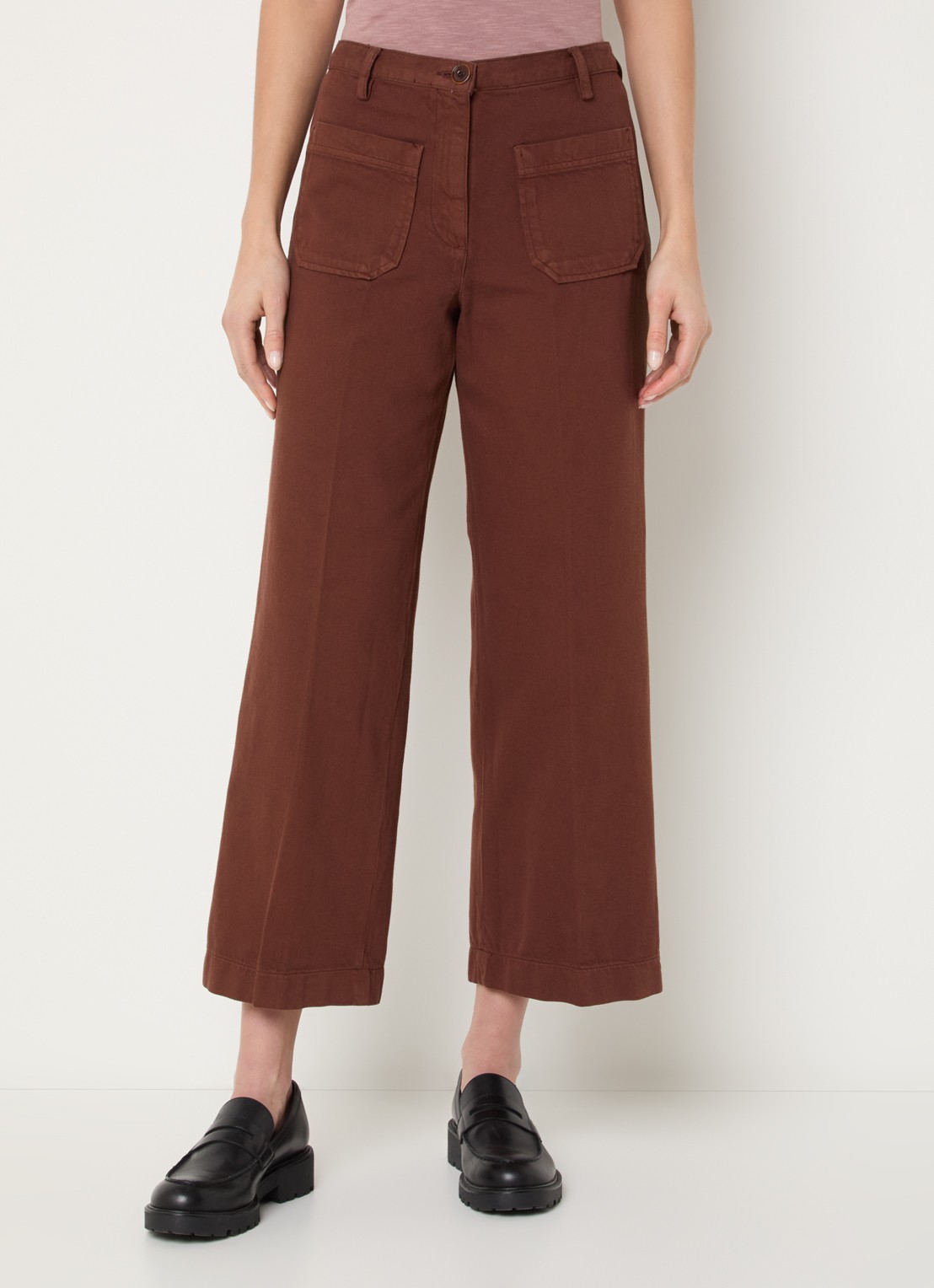 Sessùn Aldricks high waist wide fit culotte met opgestikte zakken - detail kastanjebruin