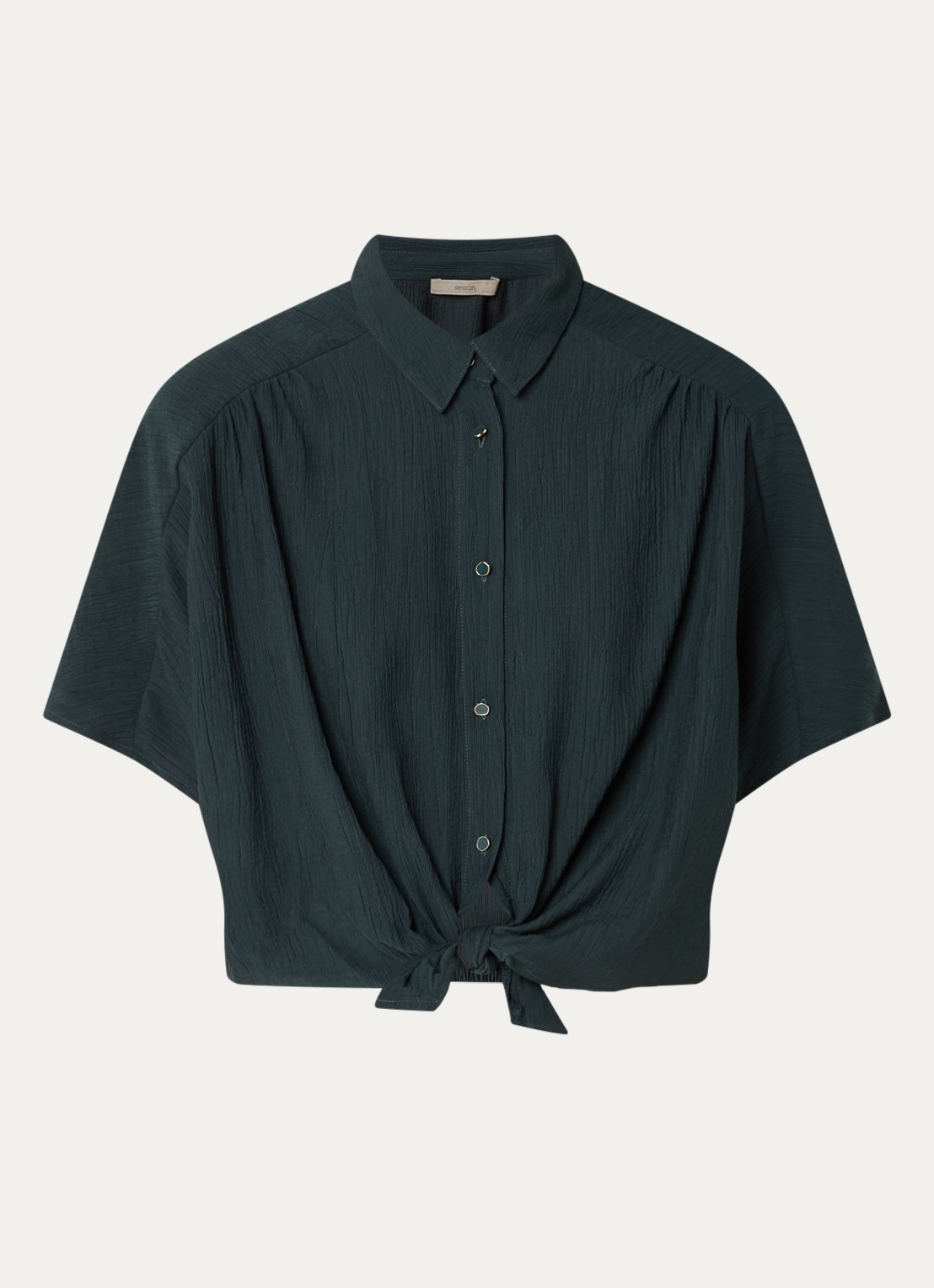 Sessùn Alfassa cropped blouse van  crêpe met geknoopt detail - voorkant 2 petrol