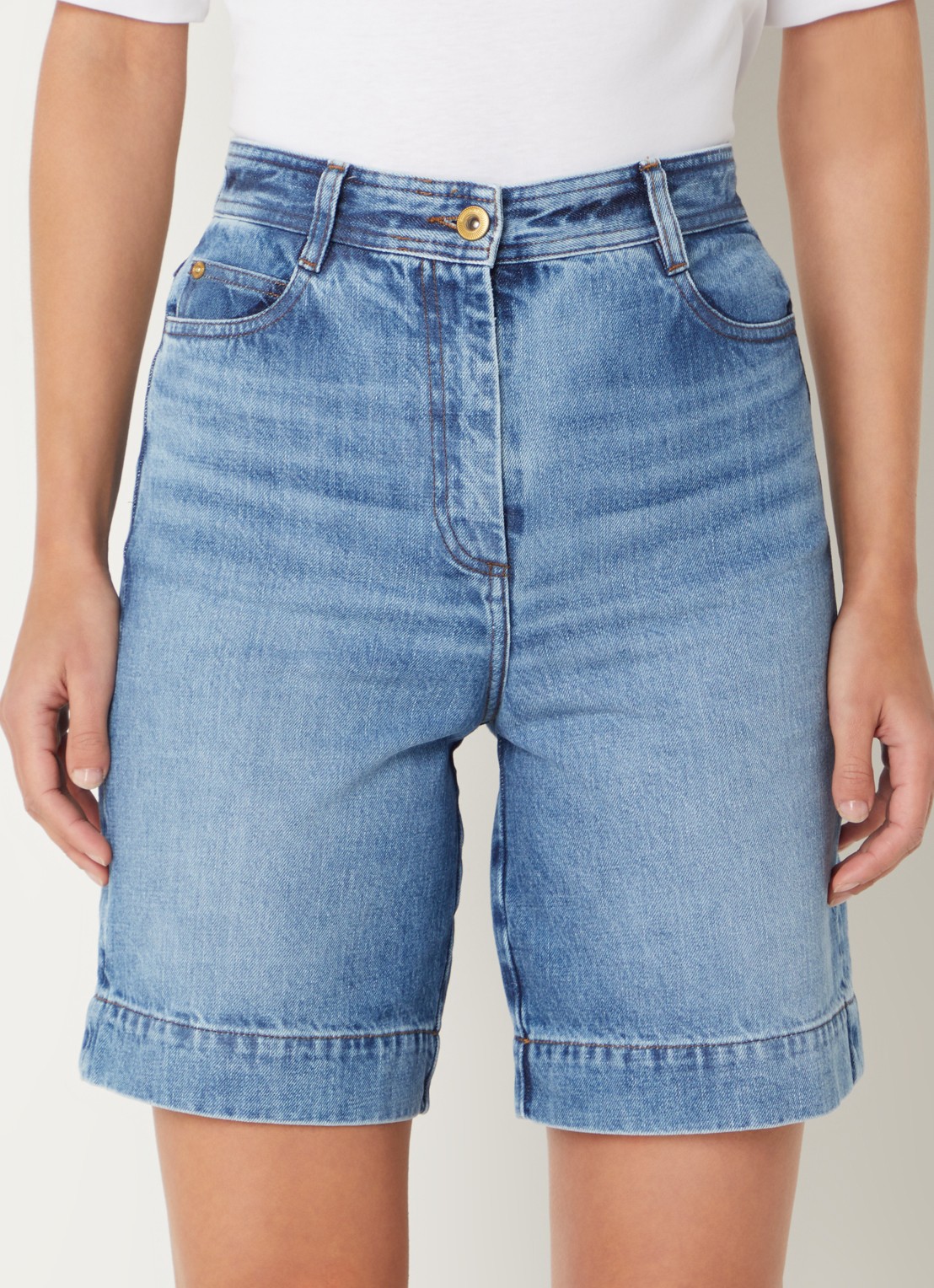 Sessùn Bermucap high waist straight fit korte broek met medium wassing - detail 2 indigo