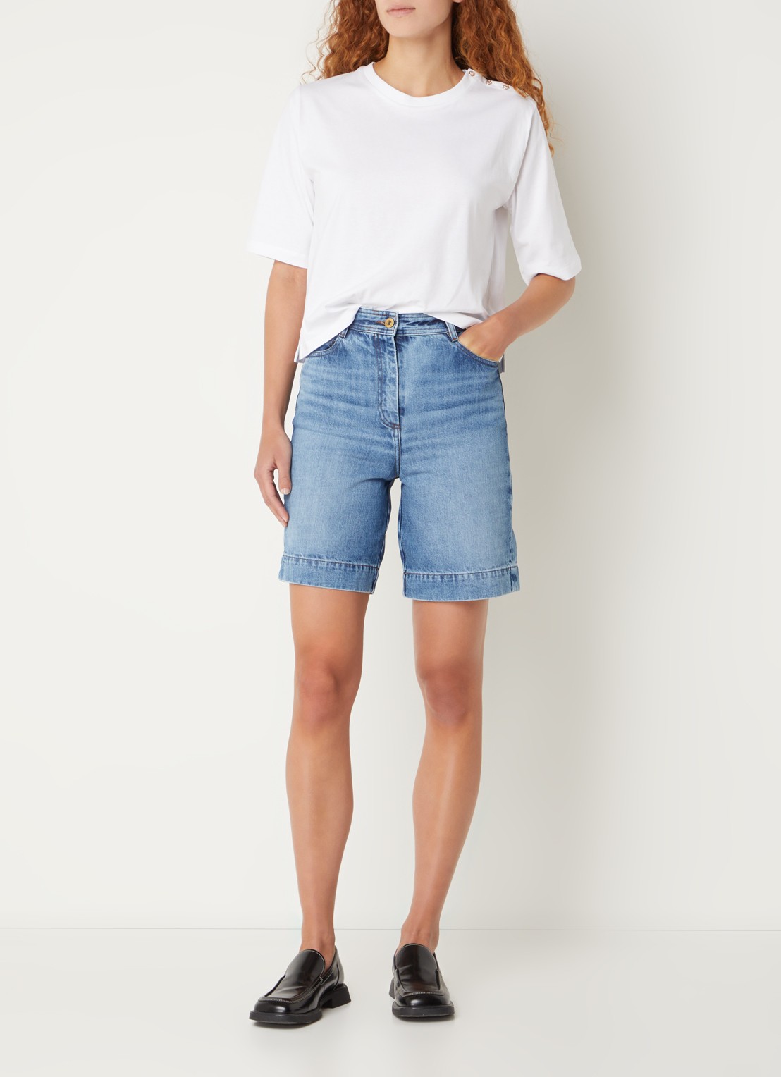 Sessùn Bermucap high waist straight fit korte broek met medium wassing - voorkant 4 indigo