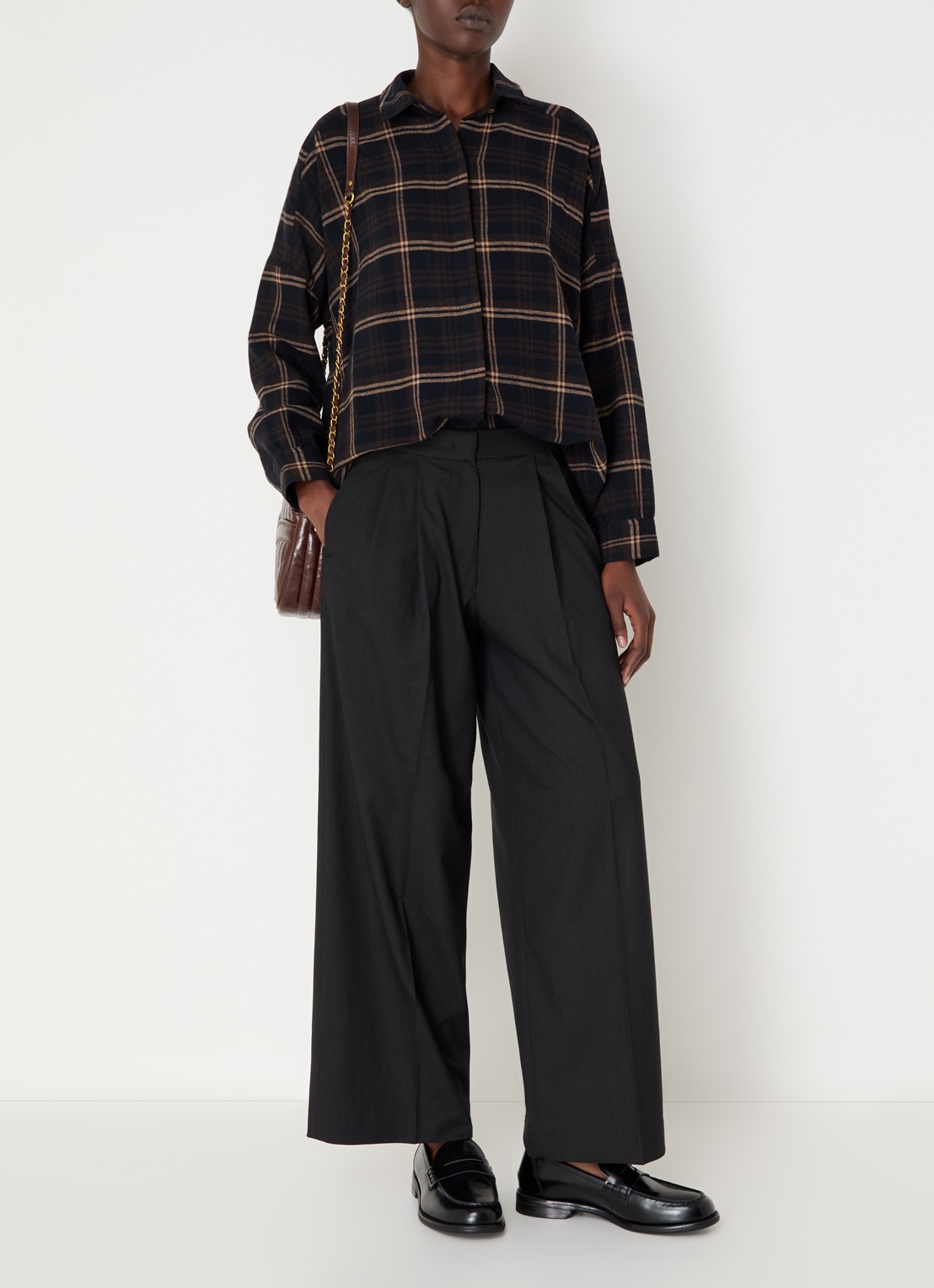 Sessùn Blouse in linnenblend met ruitdessin - voorkant 3 donkerbruin
