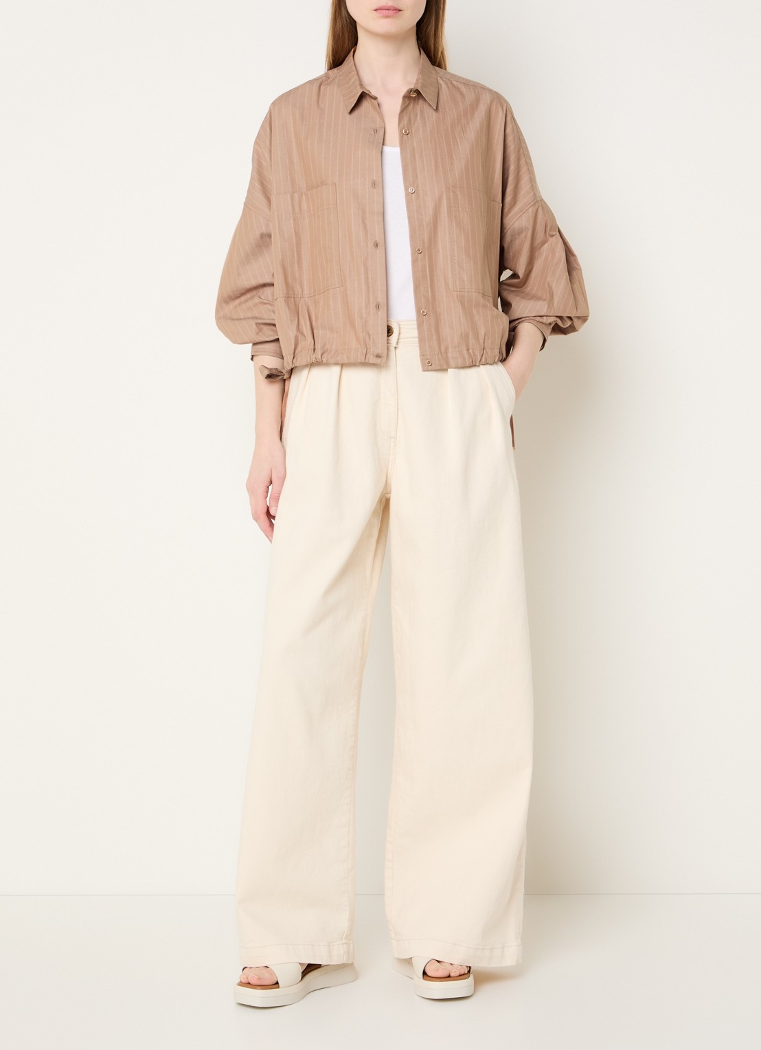 Sessùn Cabaza cropped blouse met streepprint en trekkoord - voorkant 2 lichtbruin