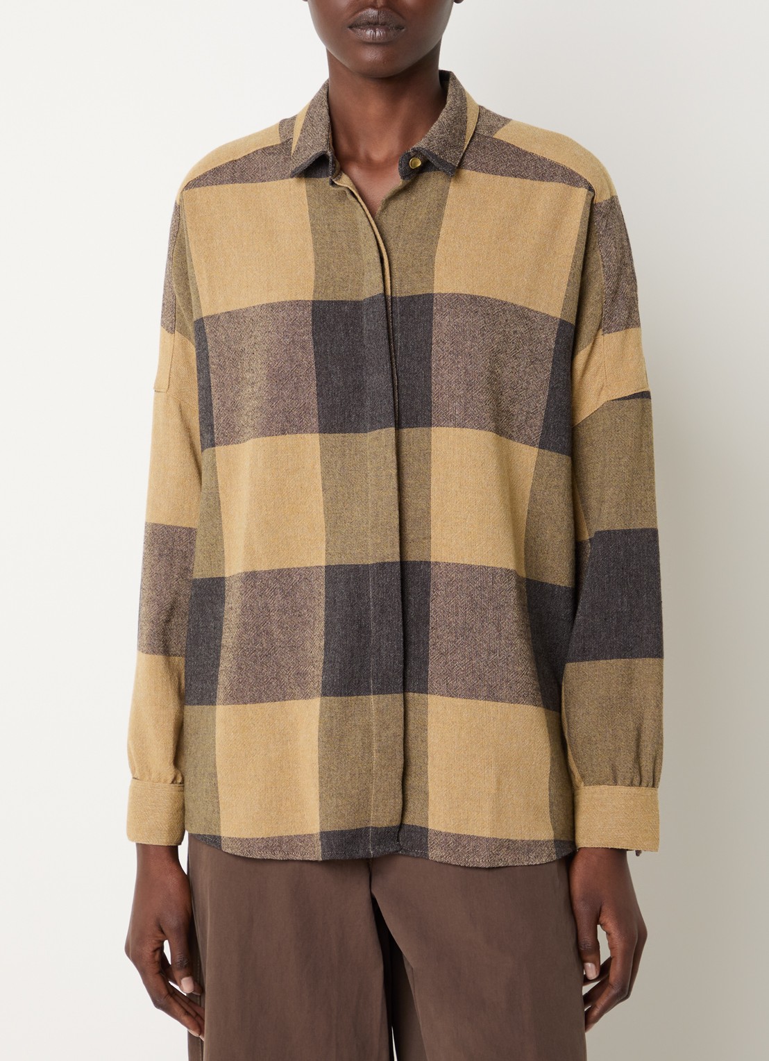 Sessùn Deliwool blouse in wolblend met ruitdessin - detail 2 camel