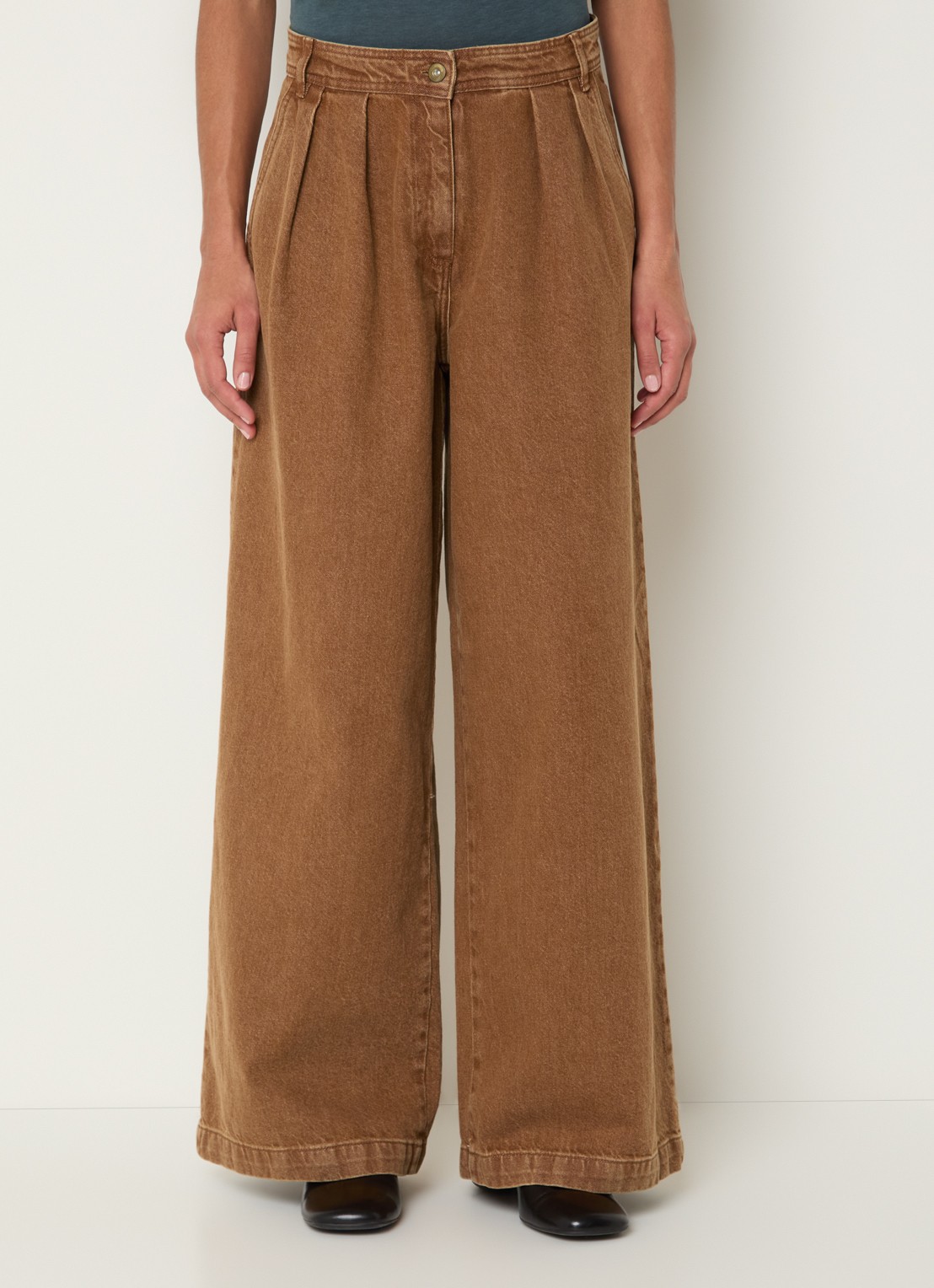 Sessùn Diegui high waist wide fit palazzo broek van denim - detail 2 camel