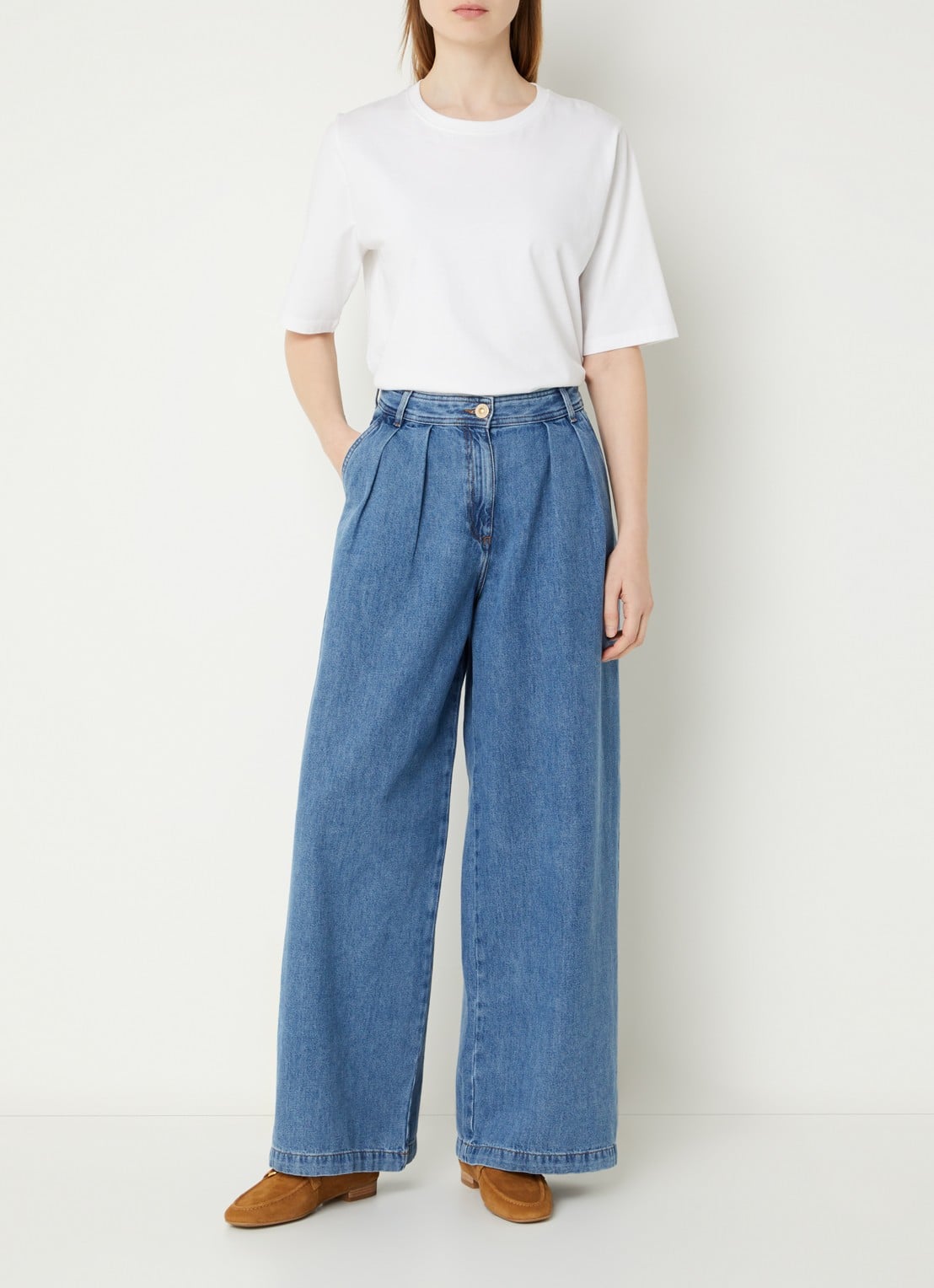 Sessùn Diegui high waist wide fit palazzo broek van denim - voorkant 4 indigo