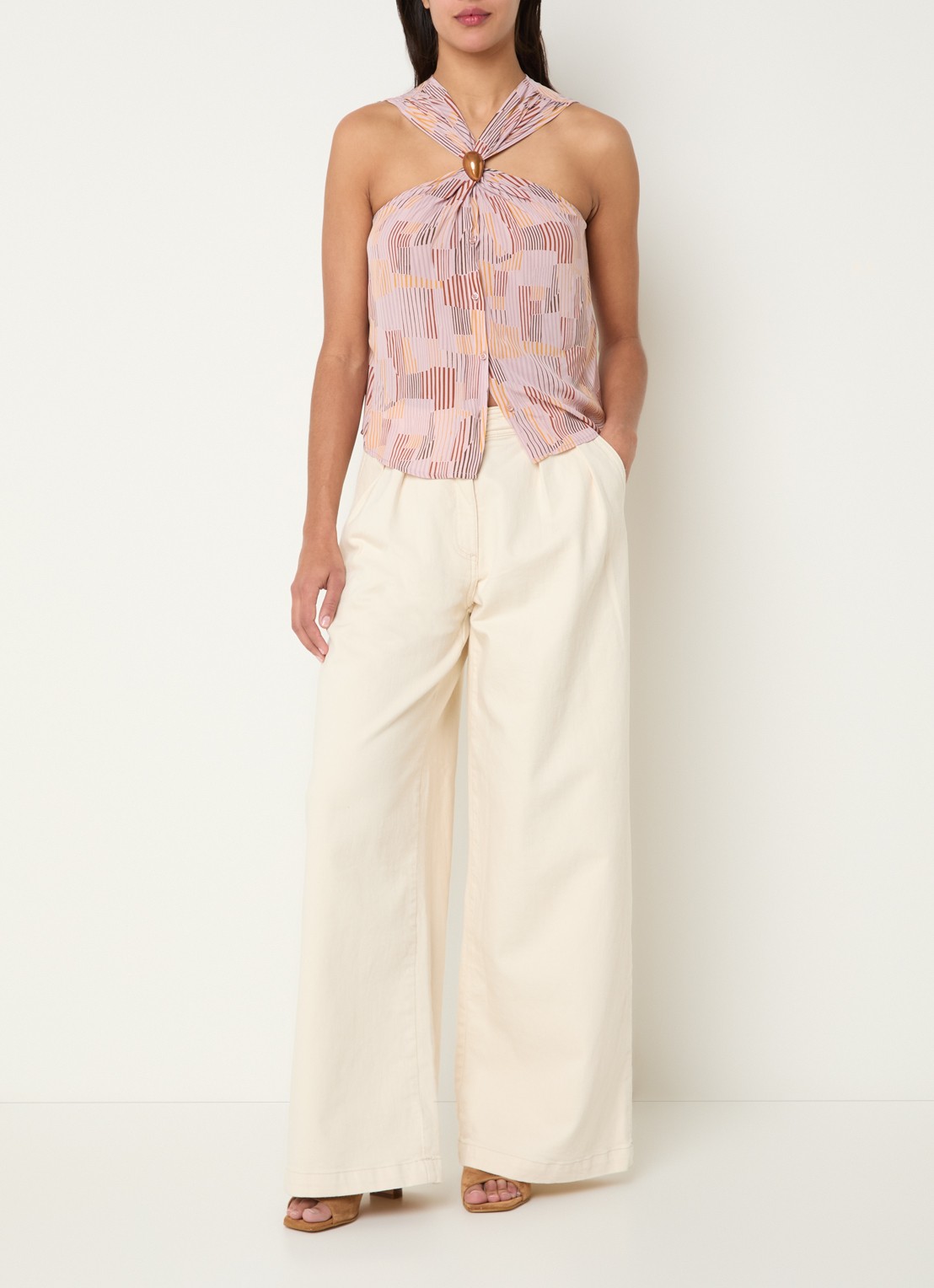 Sessùn Diegui high waist wide fit palazzo broek van denim - voorkant 2 creme