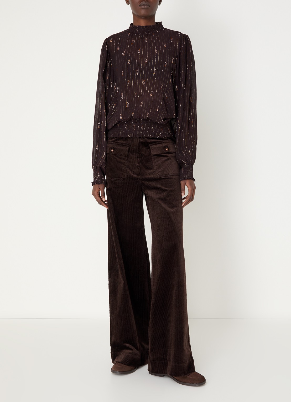 Sessùn Duchess semi-transparante tuniek met print en lurex - voorkant 2 donkerbruin