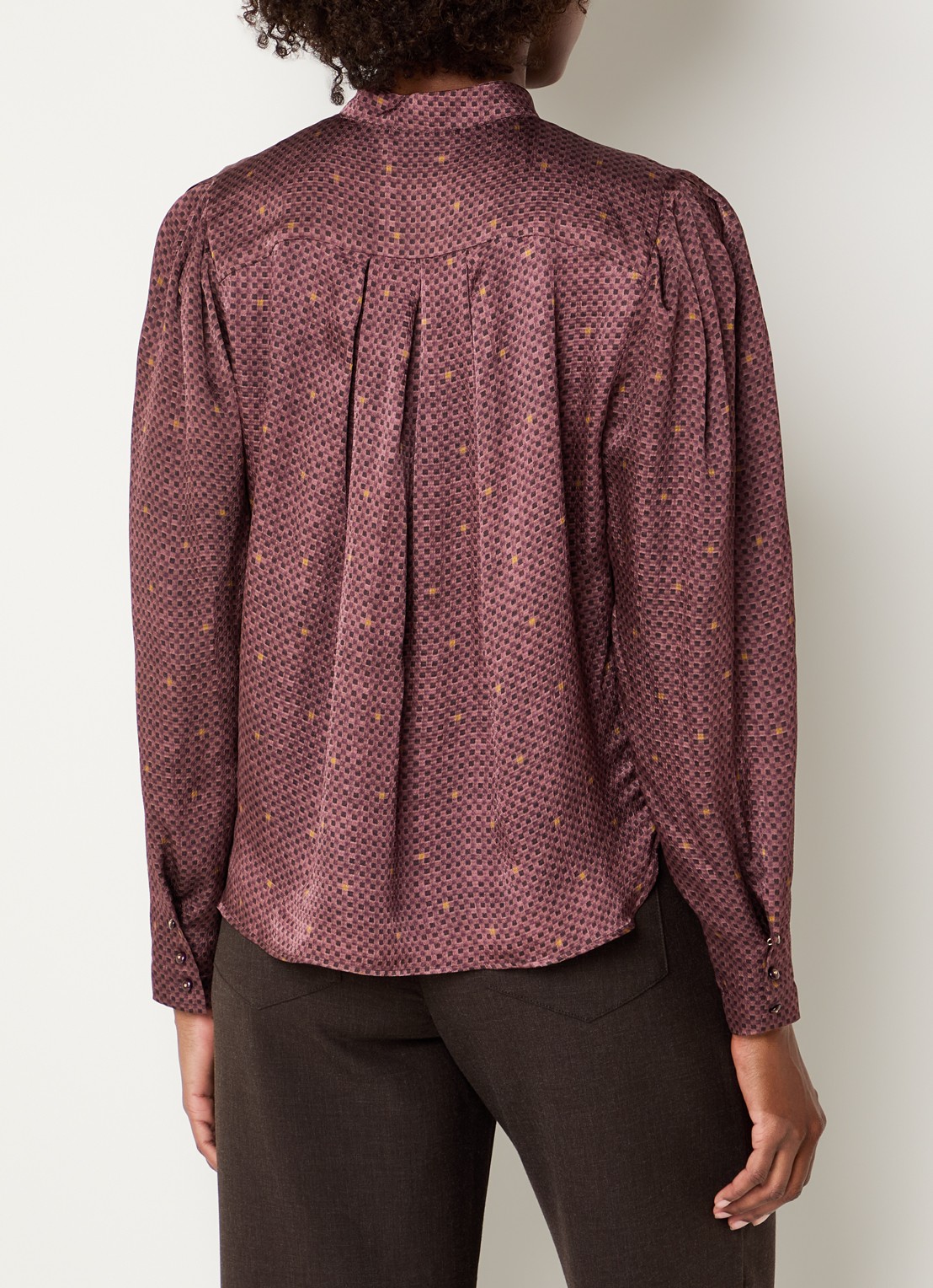Sessùn Esperanzo blouse van satijn met print - achterkant 4 bordeauxrood