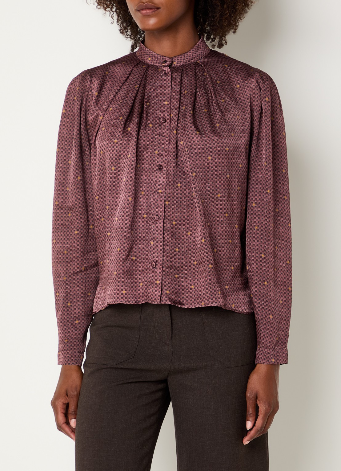 Sessùn Esperanzo blouse van satijn met print - detail 3 bordeauxrood
