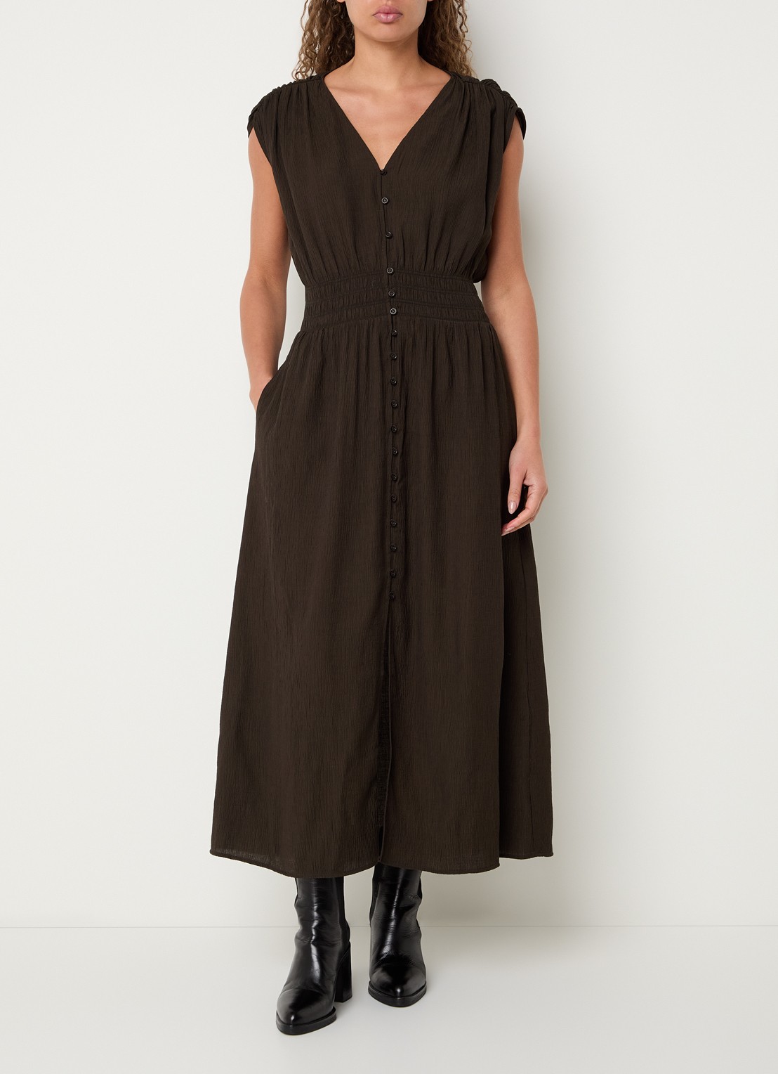 Sessùn Galiane midi blousejurk met structuur - detail 4 bronsgroen