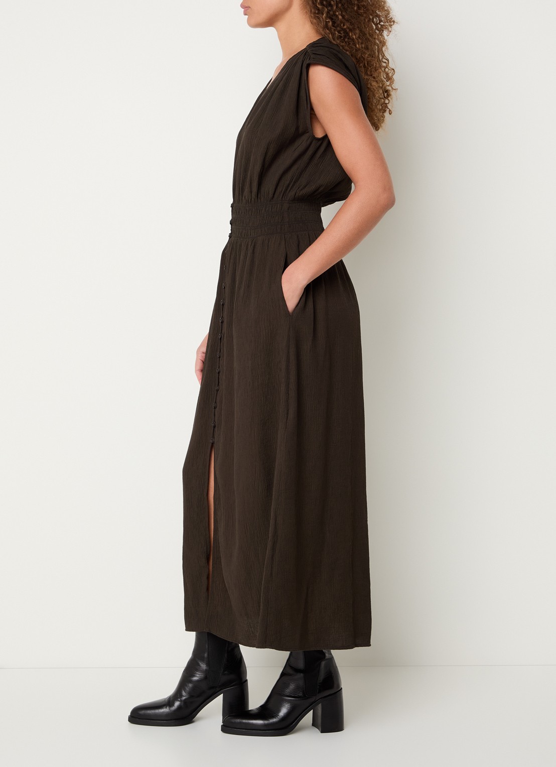 Sessùn Galiane midi blousejurk met structuur - voorkant 2 bronsgroen