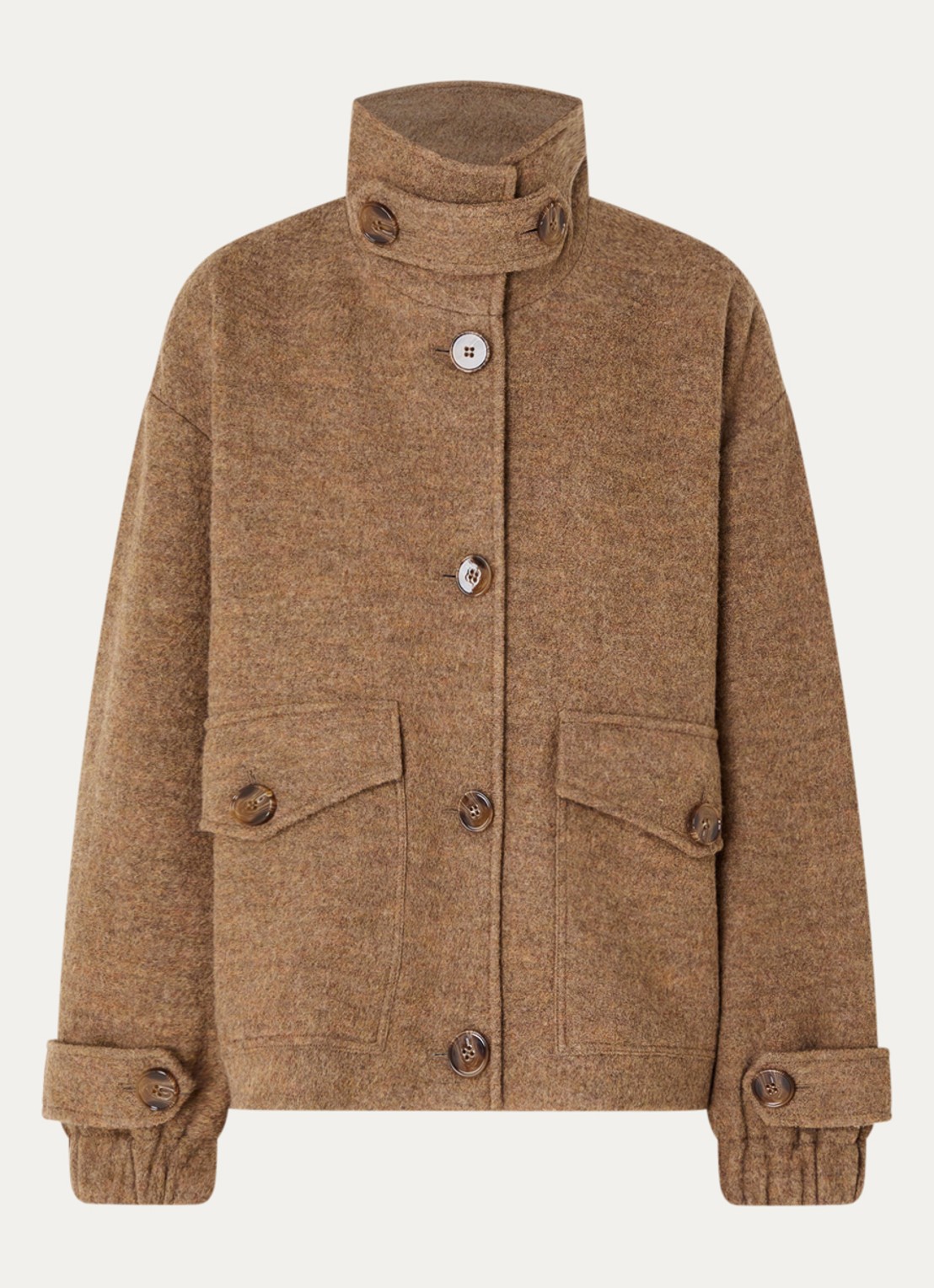 Sessùn Hattson mantel van wol met klepzakken - voorkant 3 camel