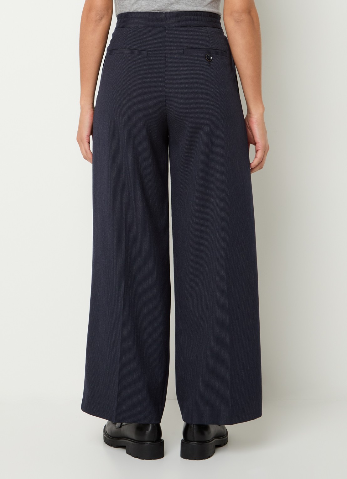 Sessùn High waist wide fit pantalon met plooidetail en krijtstreep - achterkant 4 donkerblauw