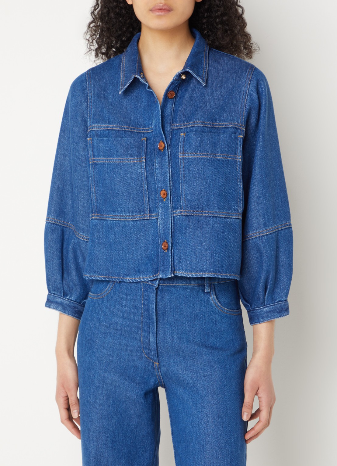 Sessùn Leone blouse van denim met opgestikte zakken - detail indigo