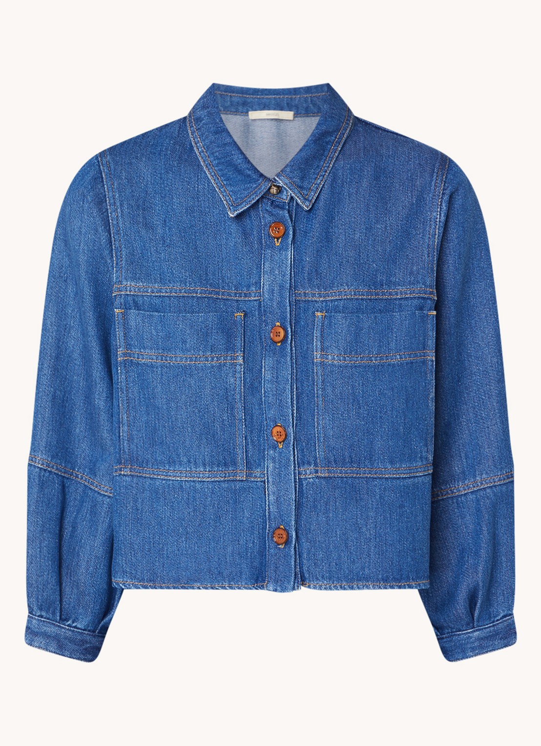 Sessùn Leone blouse van denim met opgestikte zakken - voorkant 3 indigo