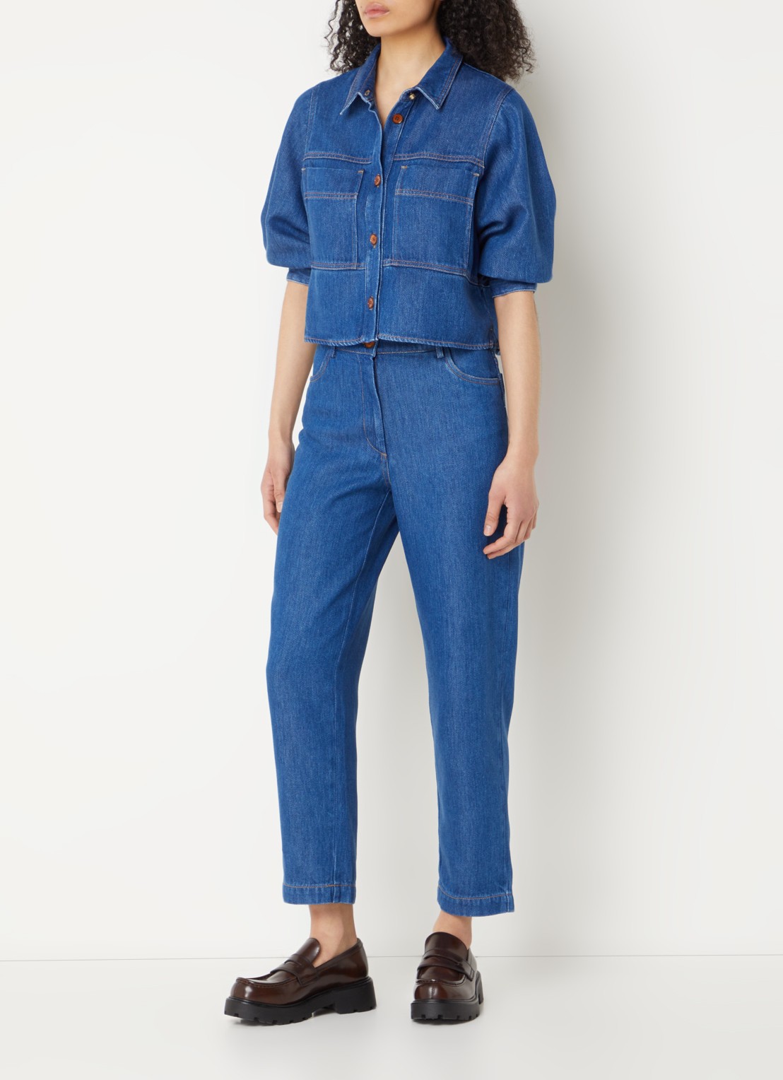 Sessùn Leone blouse van denim met opgestikte zakken - voorkant 4 indigo