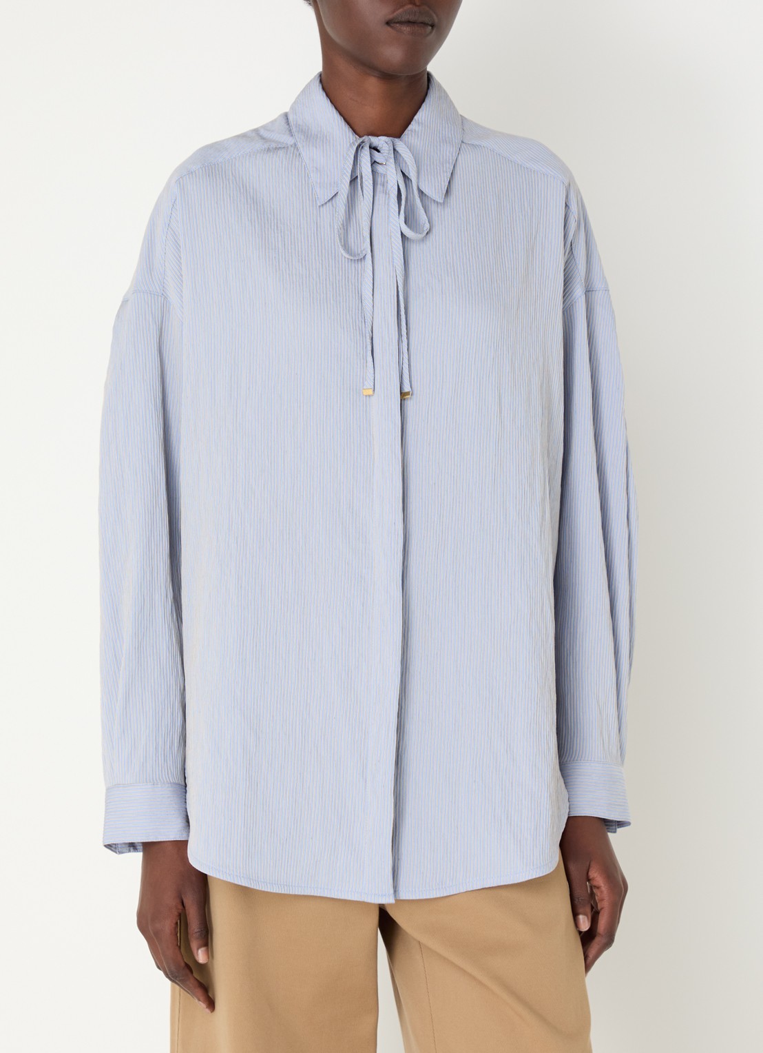 Sessùn Liza blouse met streepprint - detail staalblauw