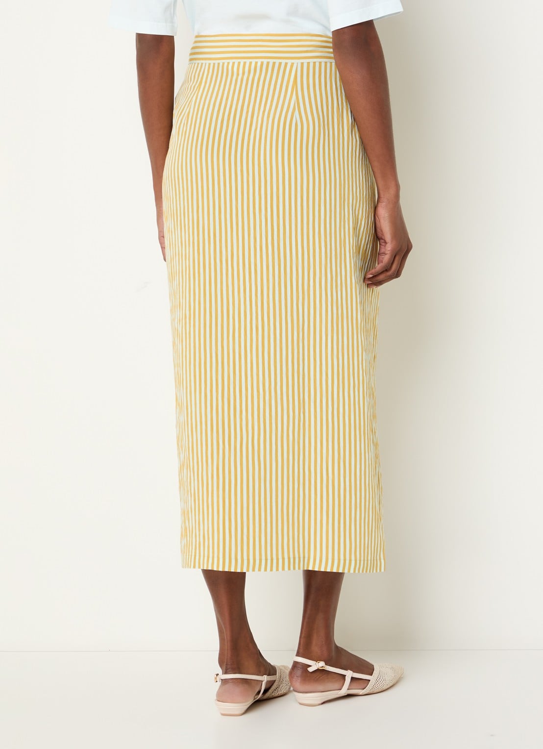 Sessùn Love St midi rok met streepprint en strikceintuur - achterkant mosterd