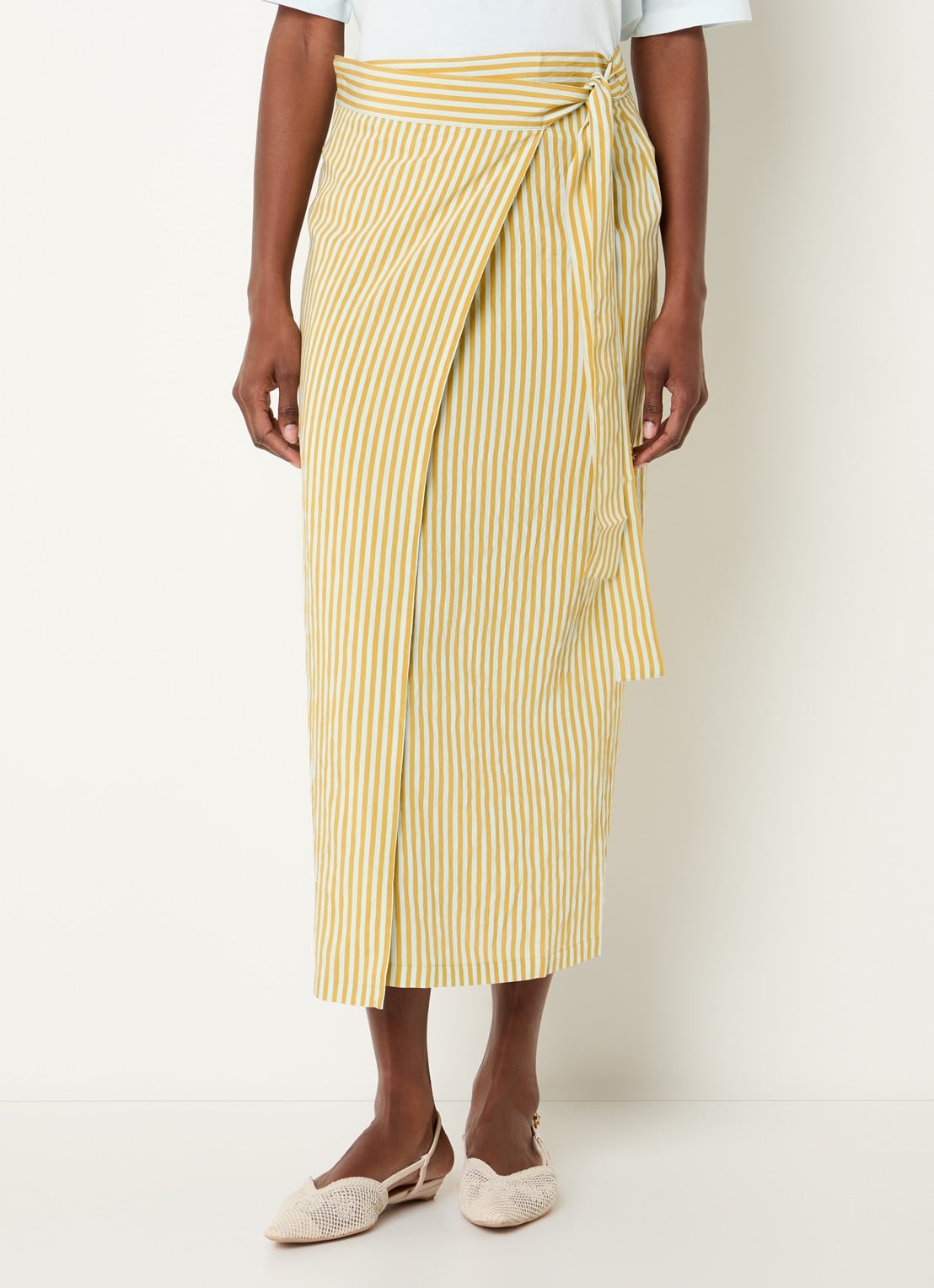 Sessùn Love St midi rok met streepprint en strikceintuur - detail 4 mosterd