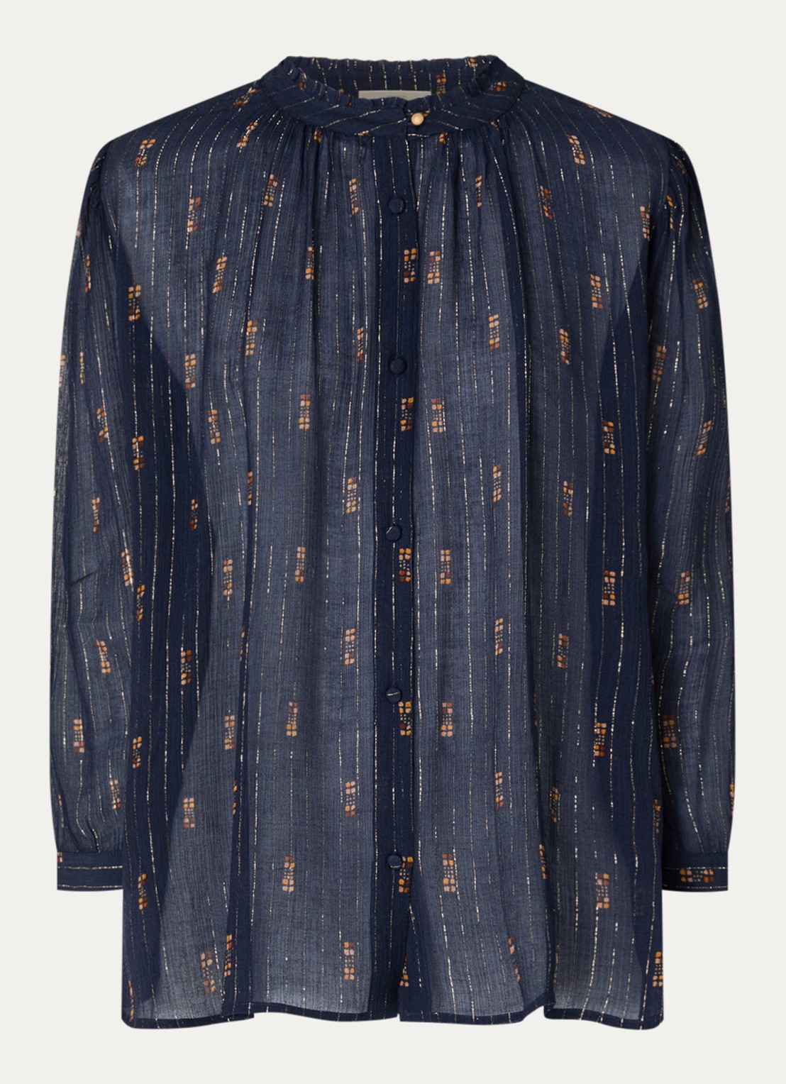 Sessùn Lylee semi-transparante blouse met print en lurex - voorkant 3 donkerblauw