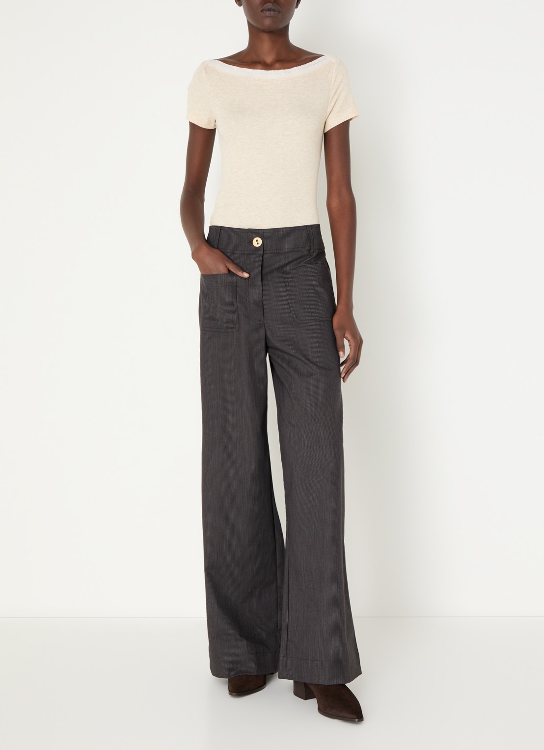 Sessùn Manhatti high waist wide fit broek met steekzakken - voorkant 4 donkerbruin