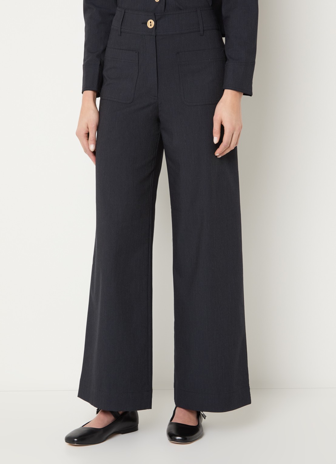 Sessùn Manhatti high waist wide fit pantalon met krijtstreep en opgestikte zakken - detail 4 antraciet