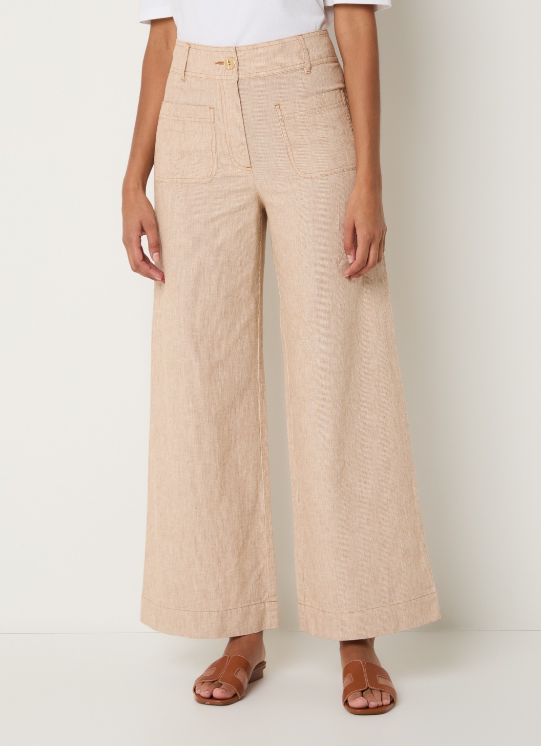Sessùn Manhatti high waist wide fit pantalon met krijtstreep en opgestikte zakken - detail 4 cognac