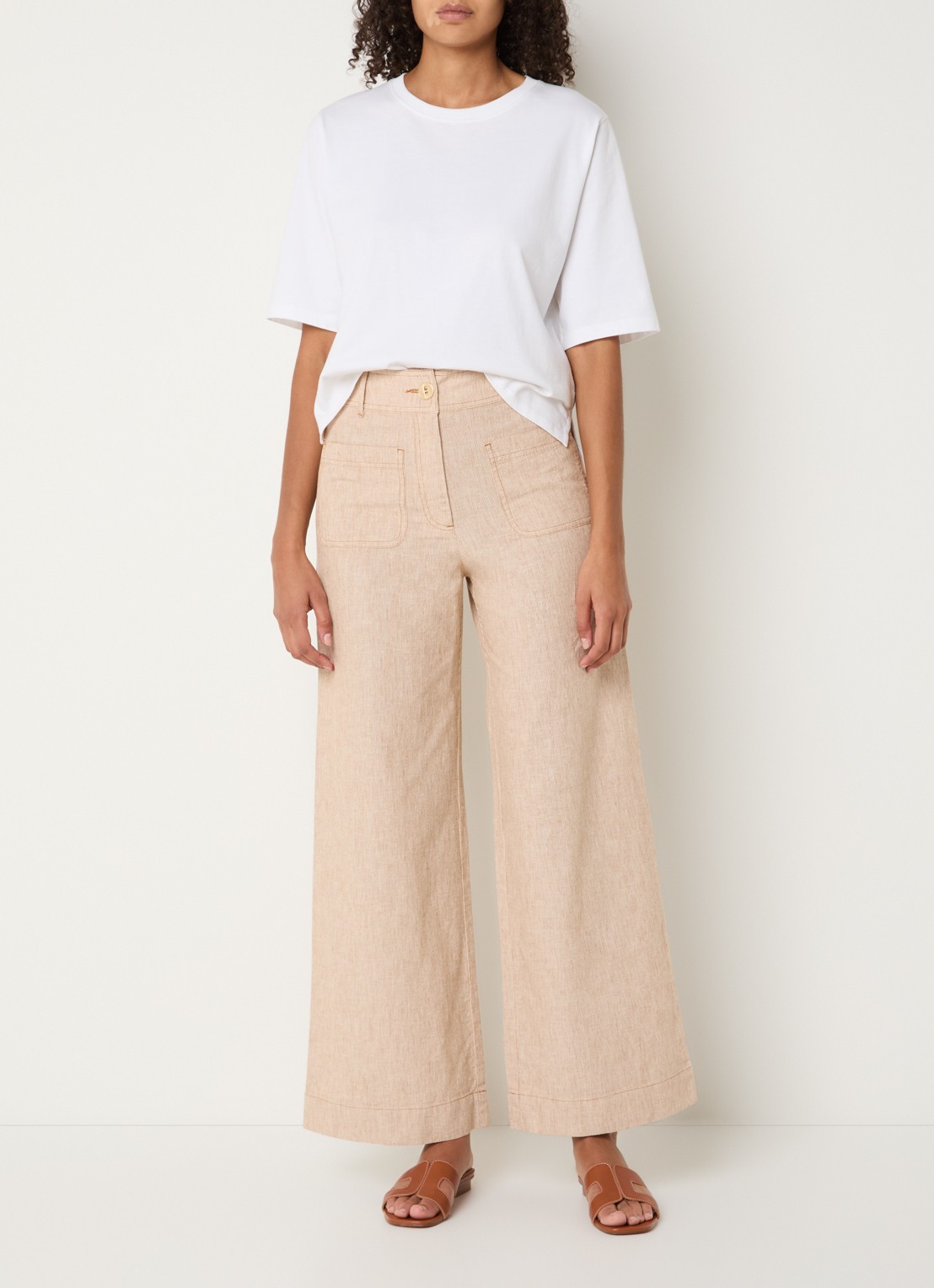 Sessùn Manhatti high waist wide fit pantalon met krijtstreep en opgestikte zakken - voorkant 2 cognac